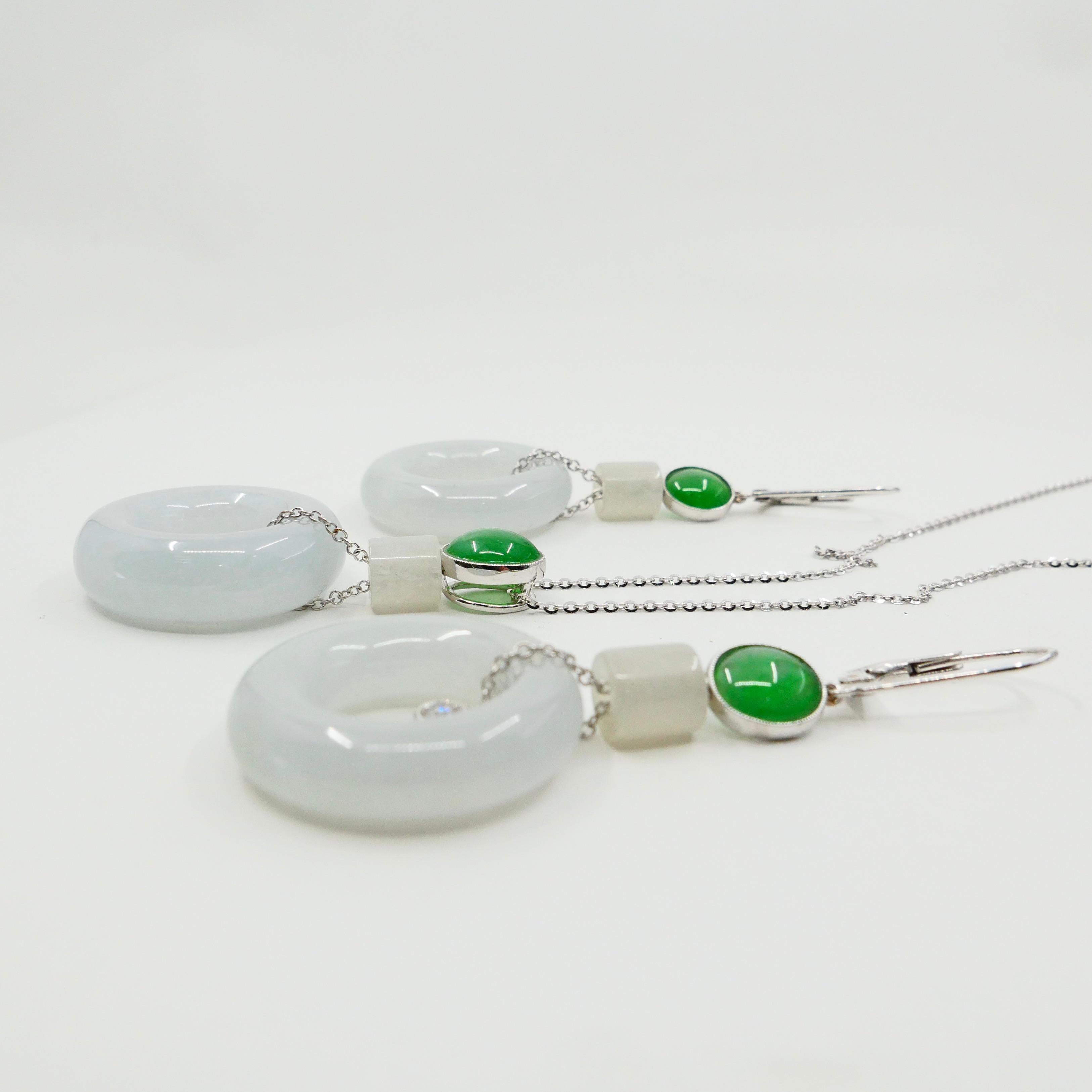Natural Type A Jadeite Jade Earrings & Pendant Set, 18K White Gold and Diamonds For Sale 3