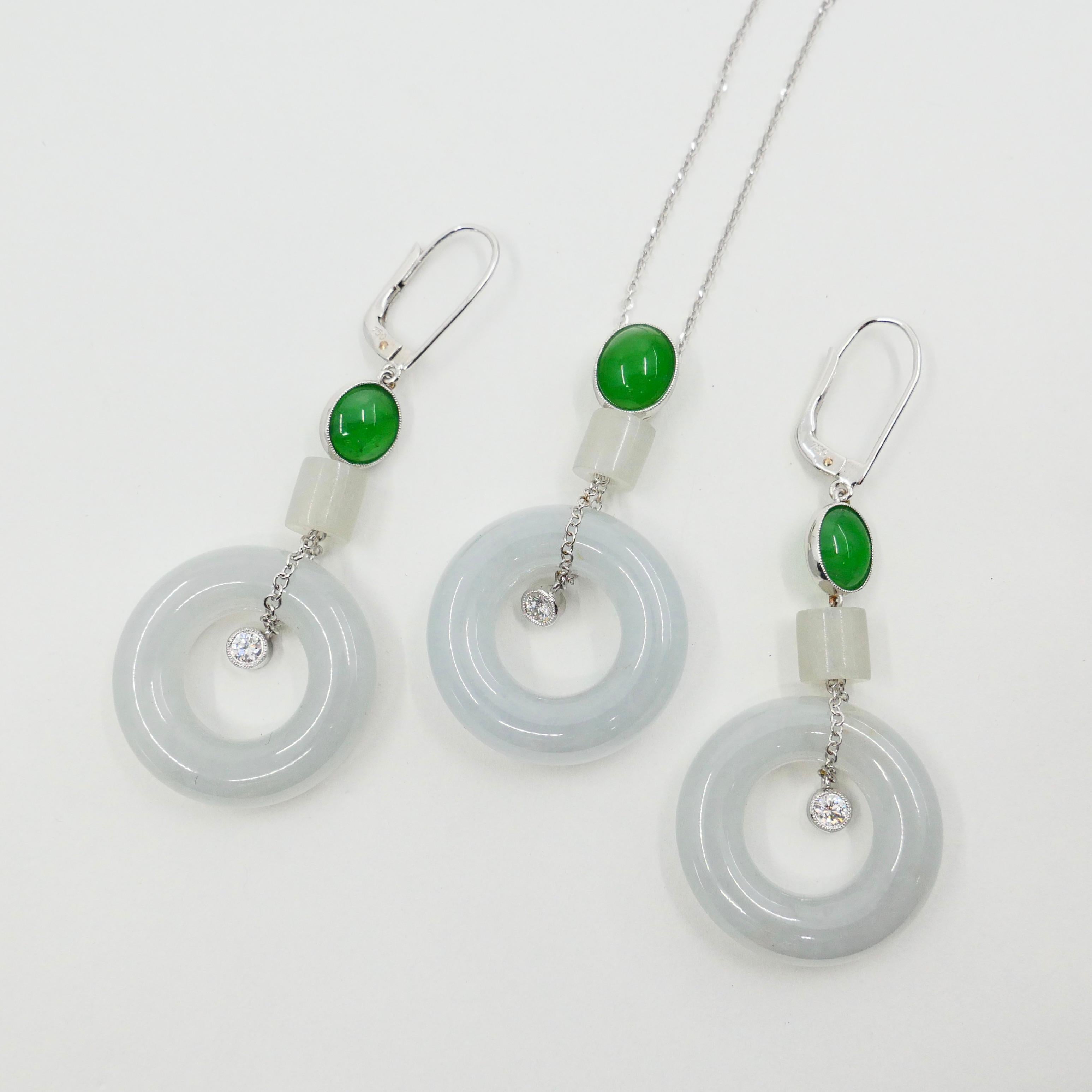 Natural Type A Jadeite Jade Earrings & Pendant Set, 18K White Gold and Diamonds For Sale 4