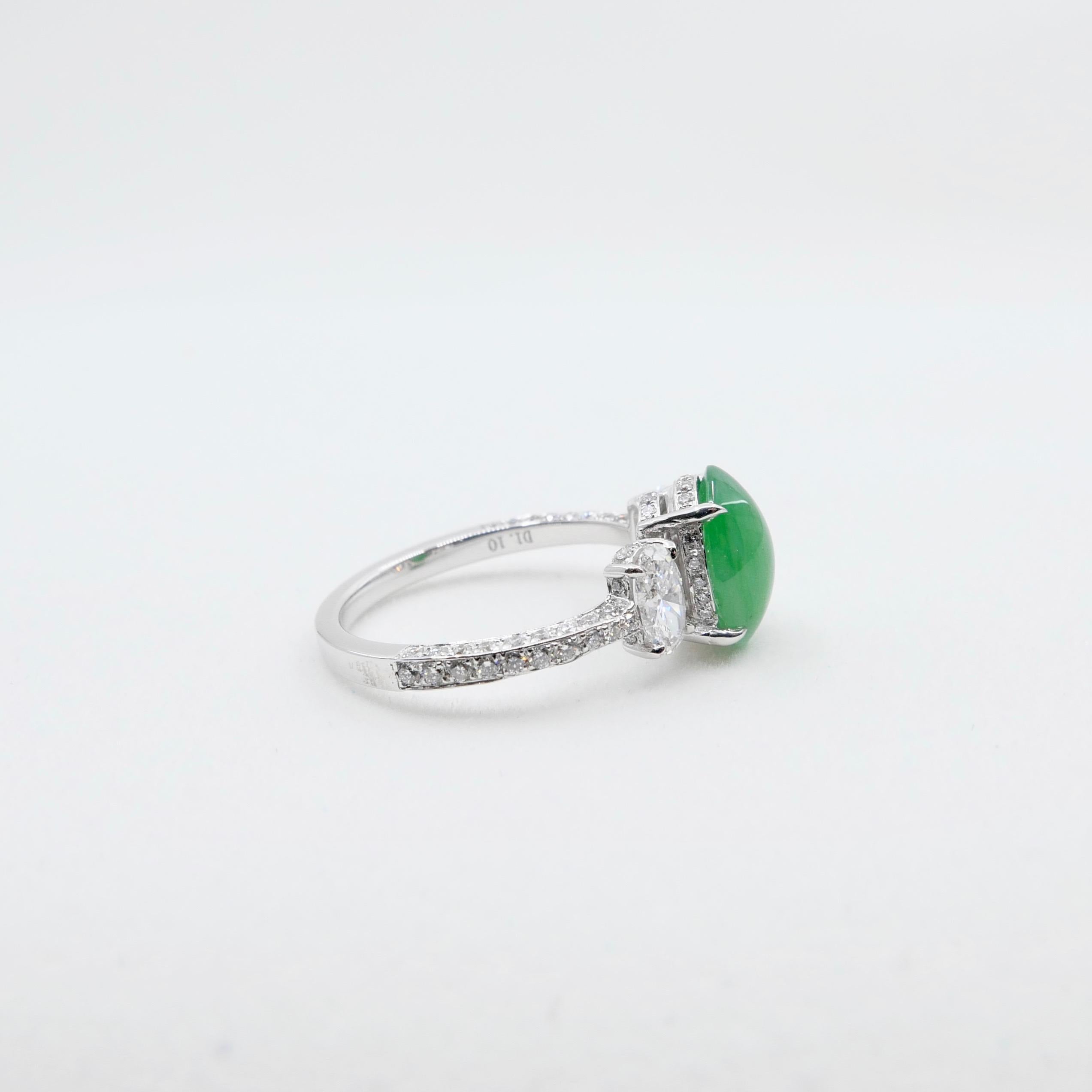 Certified 2.27 Cts Natural Jade & Oval Diamond Cocktail Ring, Apple Green Color For Sale 5
