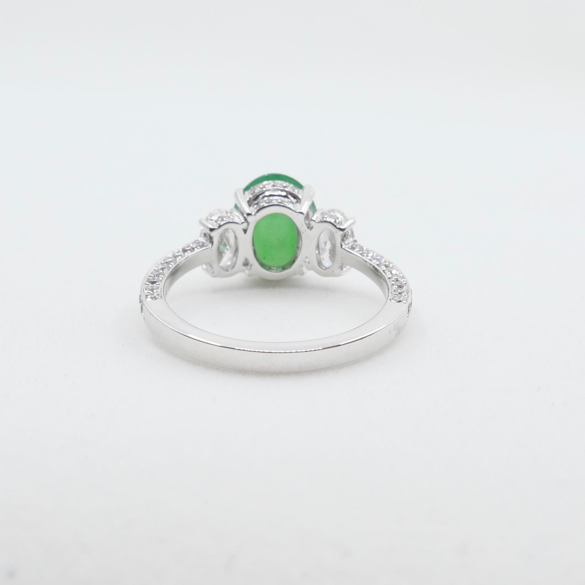 Certified 2.27 Cts Natural Jade & Oval Diamond Cocktail Ring, Apple Green Color For Sale 6