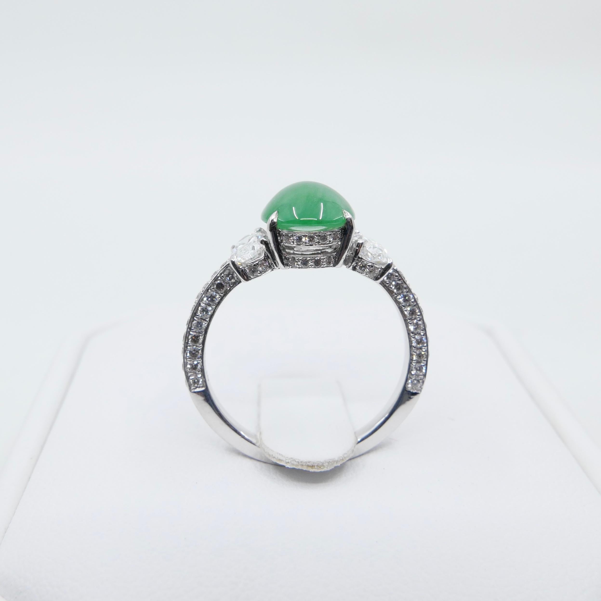 Oval Cut Certified 2.27 Cts Natural Jade & Oval Diamond Cocktail Ring, Apple Green Color For Sale