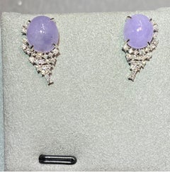 Natural Type A Lavender Jadeite Jade and Diamond Earring in 18k White Gold