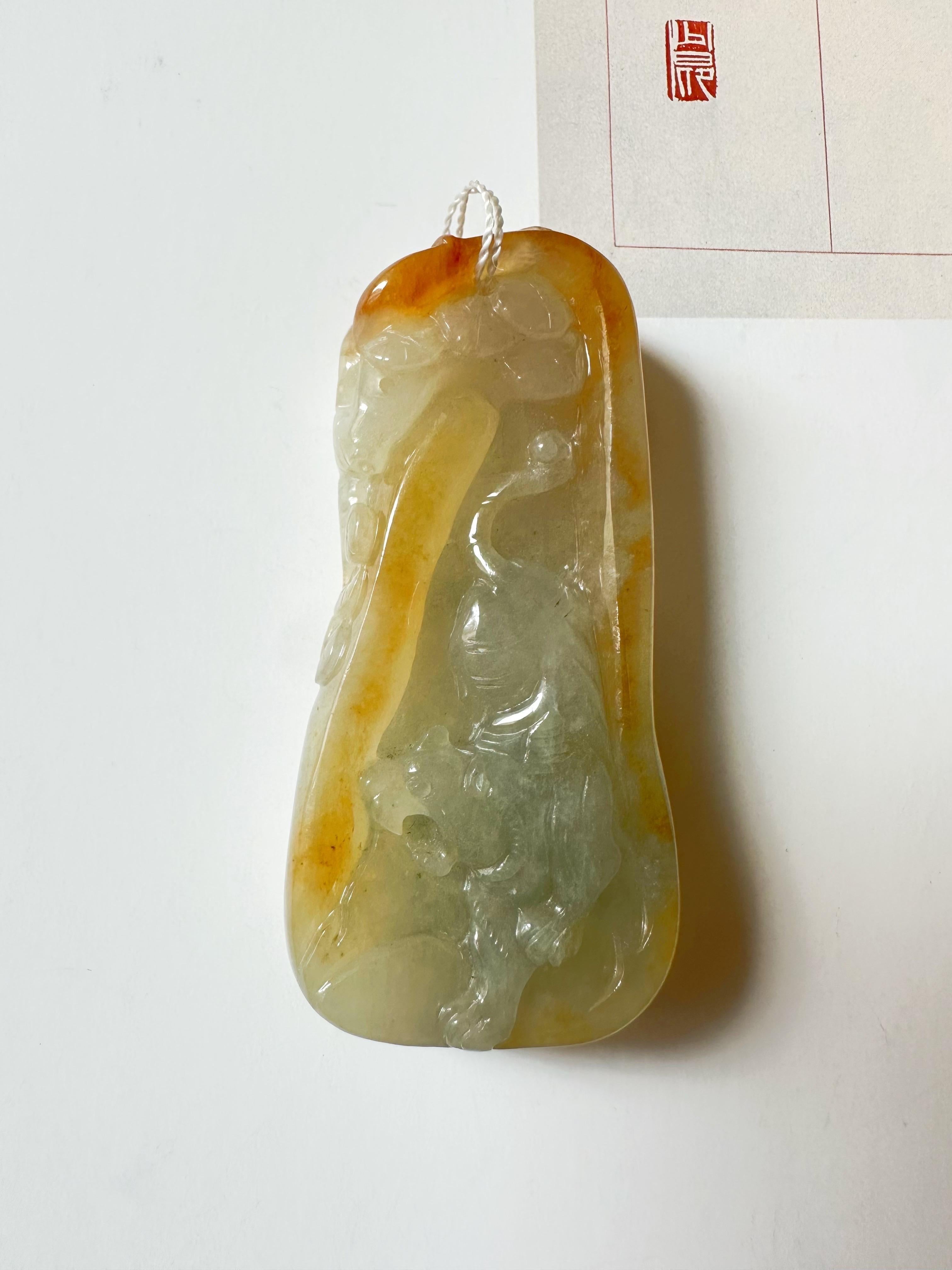 Natur Typ A Myanmar Icy Typ Bi-Color Jade Honey Gelb & Weiß geschnitzt Tiger im Angebot 5