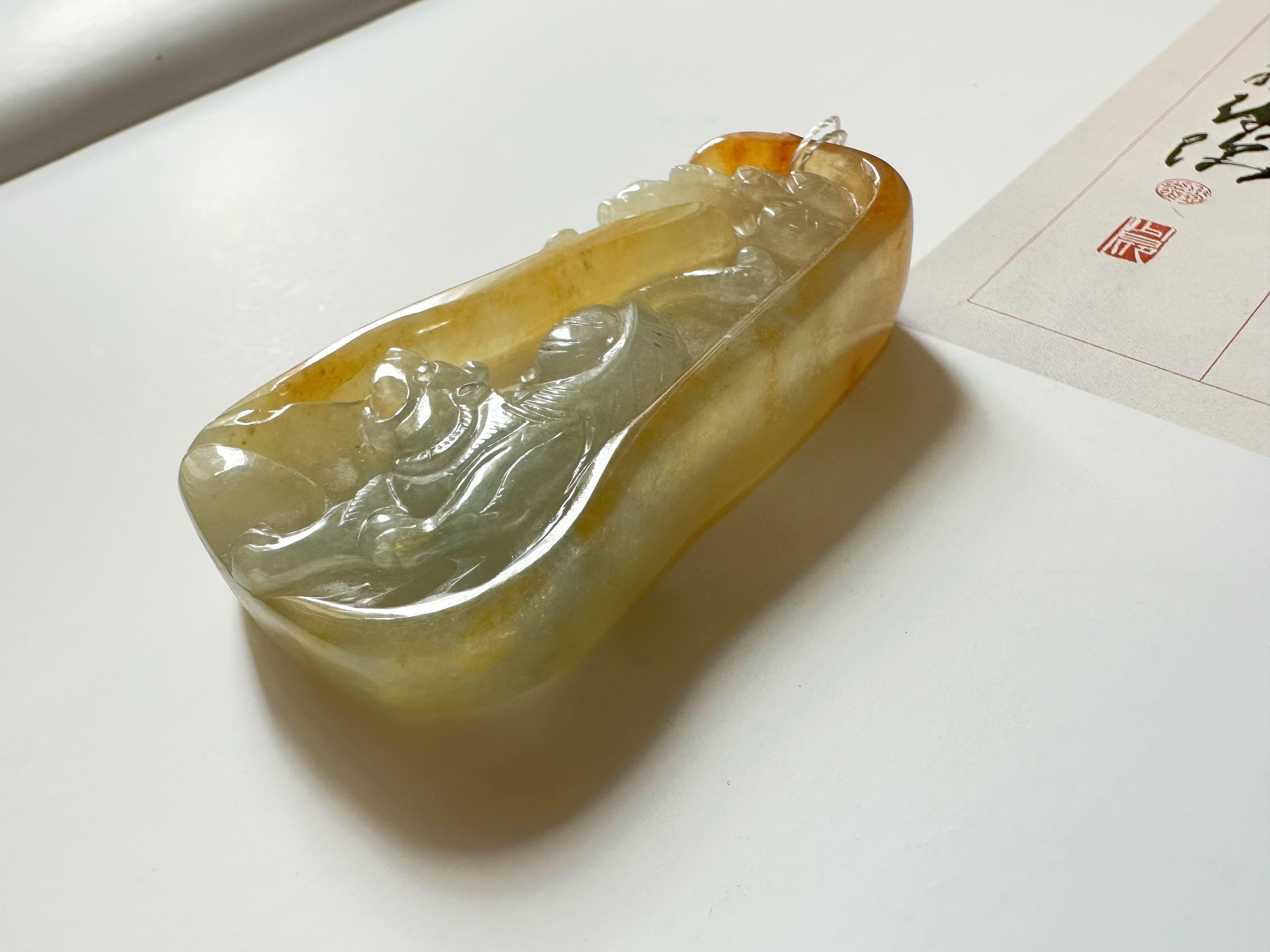Natur Typ A Myanmar Icy Typ Bi-Color Jade Honey Gelb & Weiß geschnitzt Tiger für Damen oder Herren im Angebot