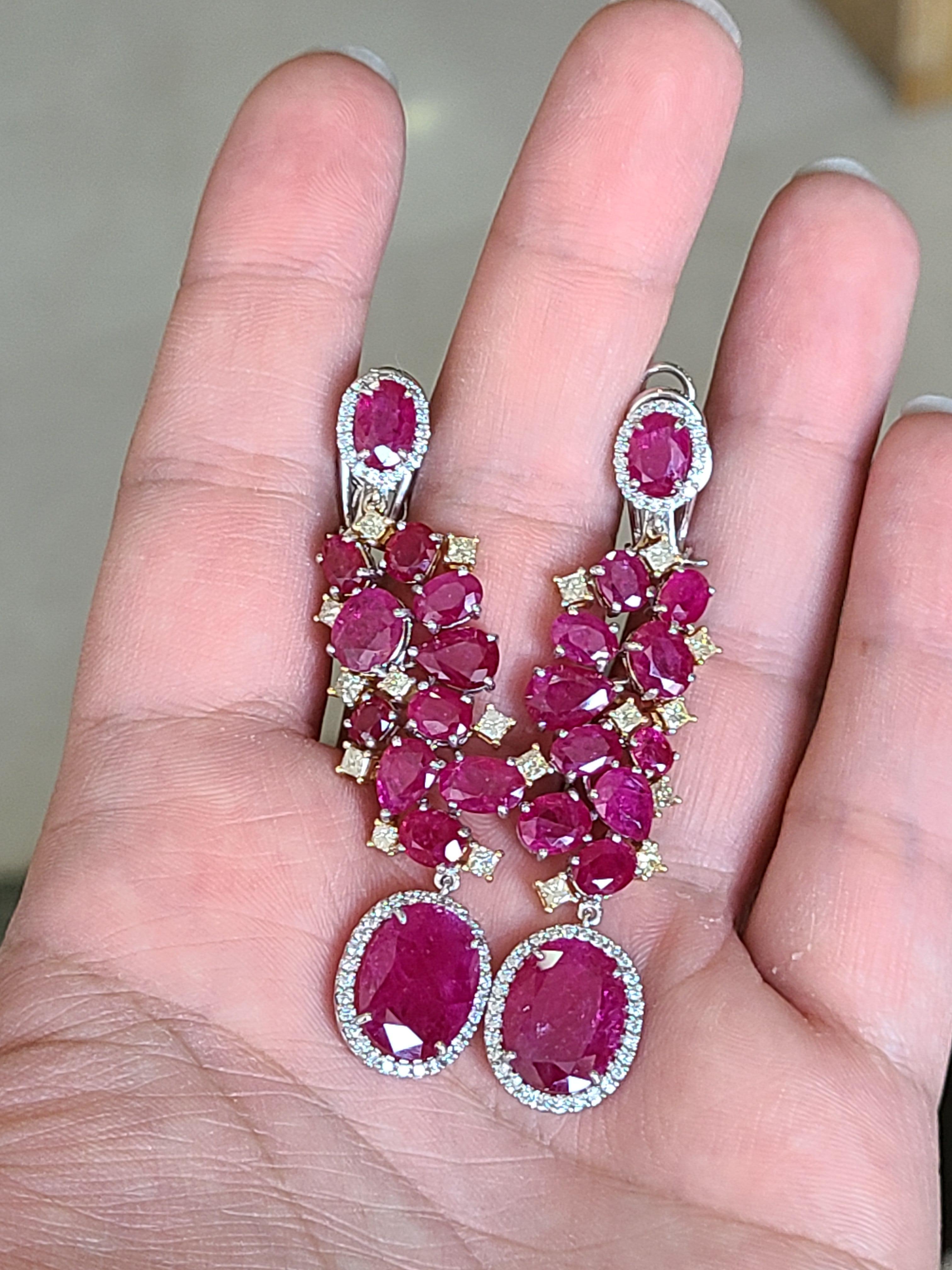 Modern Natural Un-Heat Ruby Long Earrings Set in 18 Karat Gold with Diamonds