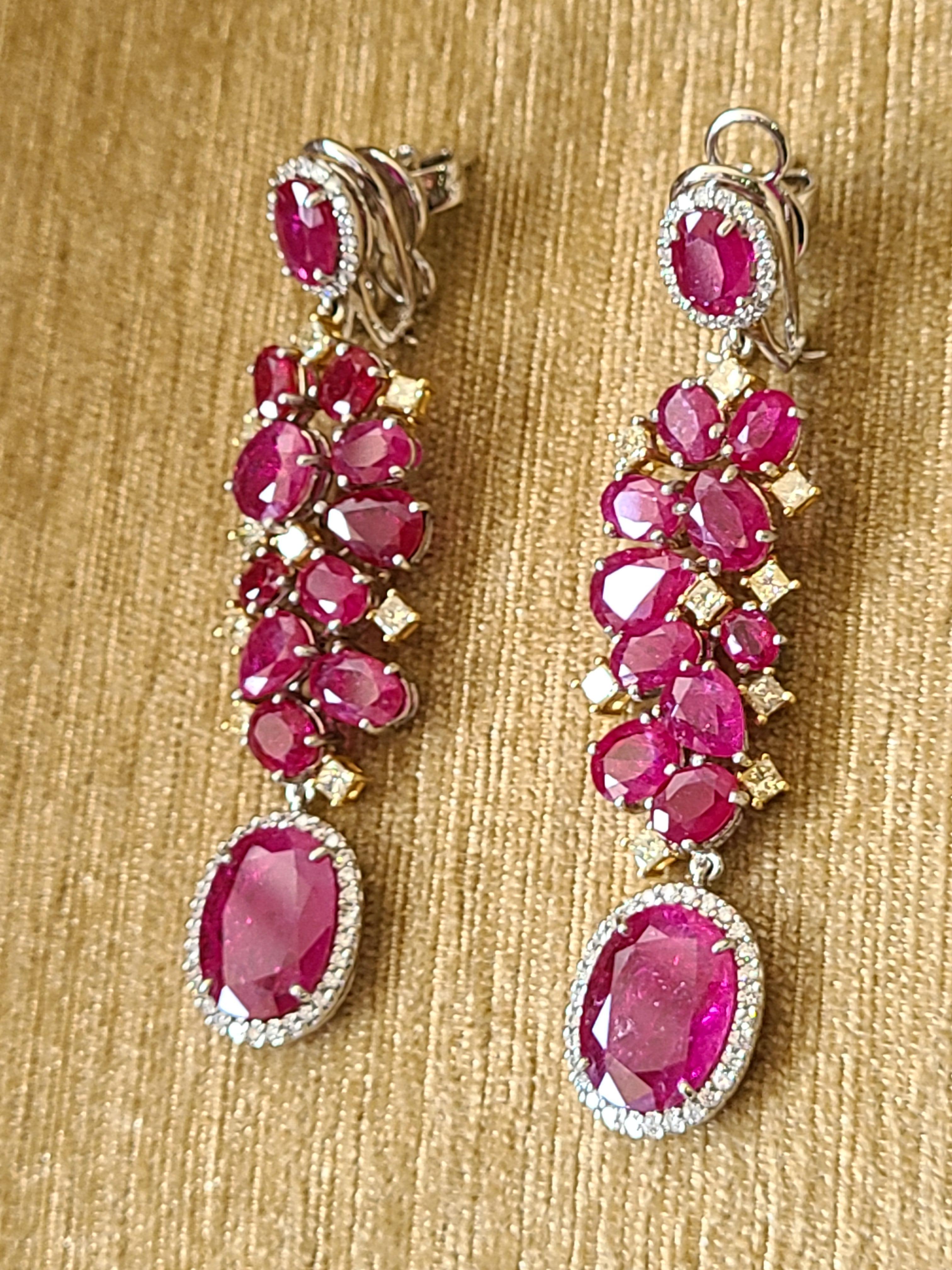 Oval Cut Natural Un-Heat Ruby Long Earrings Set in 18 Karat Gold with Diamonds