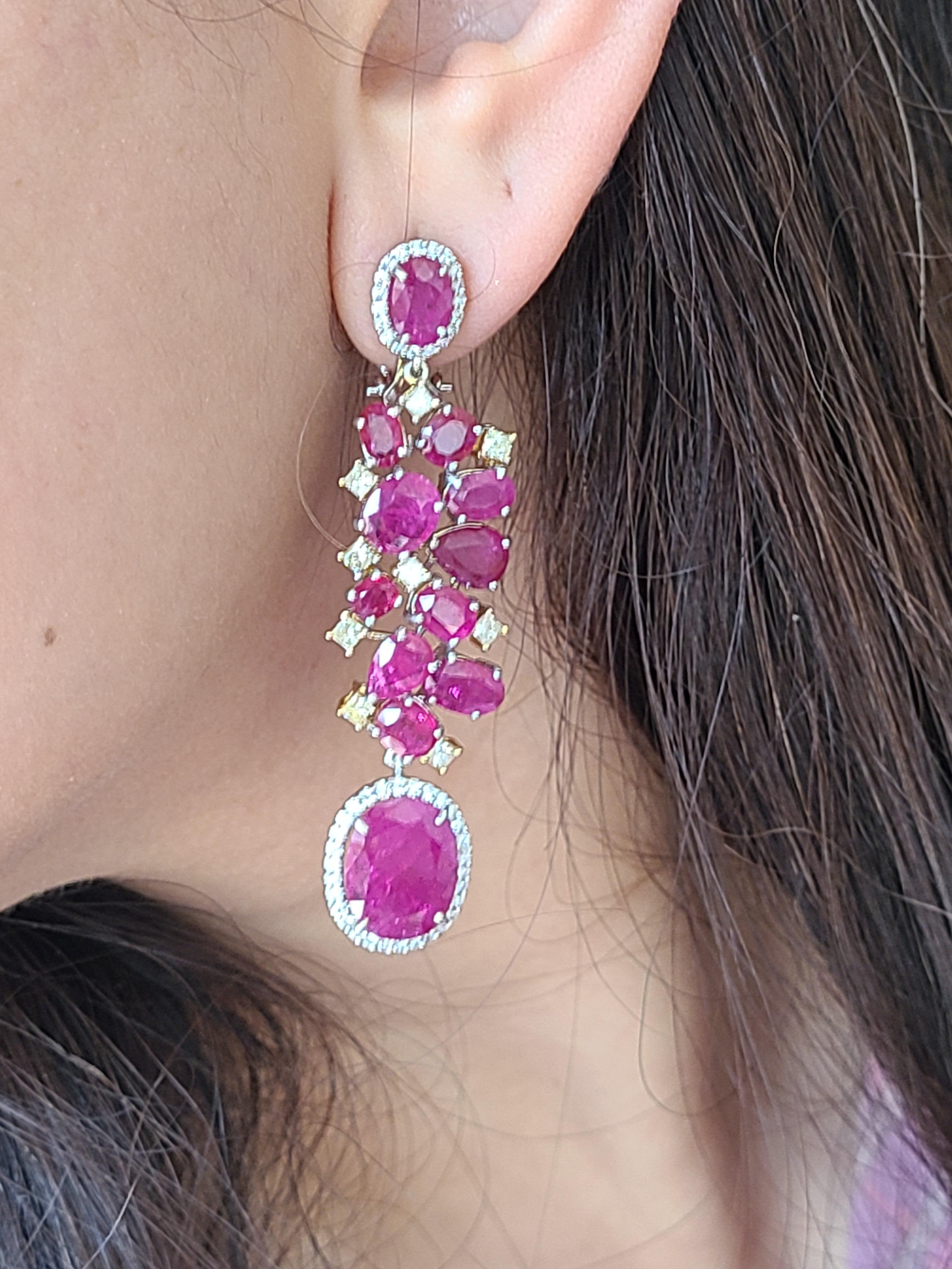 Women's Natural Un-Heat Ruby Long Earrings Set in 18 Karat Gold with Diamonds