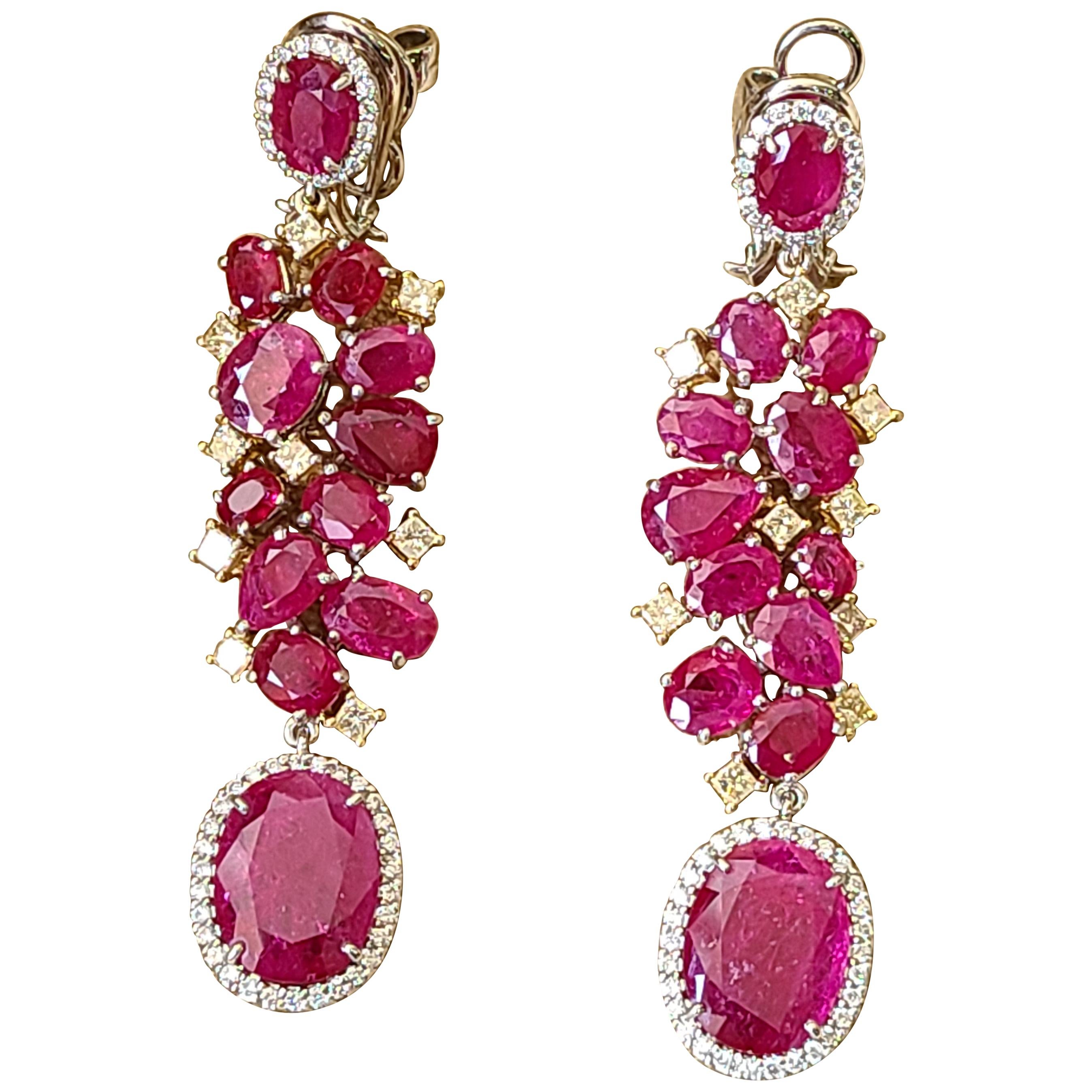 Natural Un-Heat Ruby Long Earrings Set in 18 Karat Gold with Diamonds