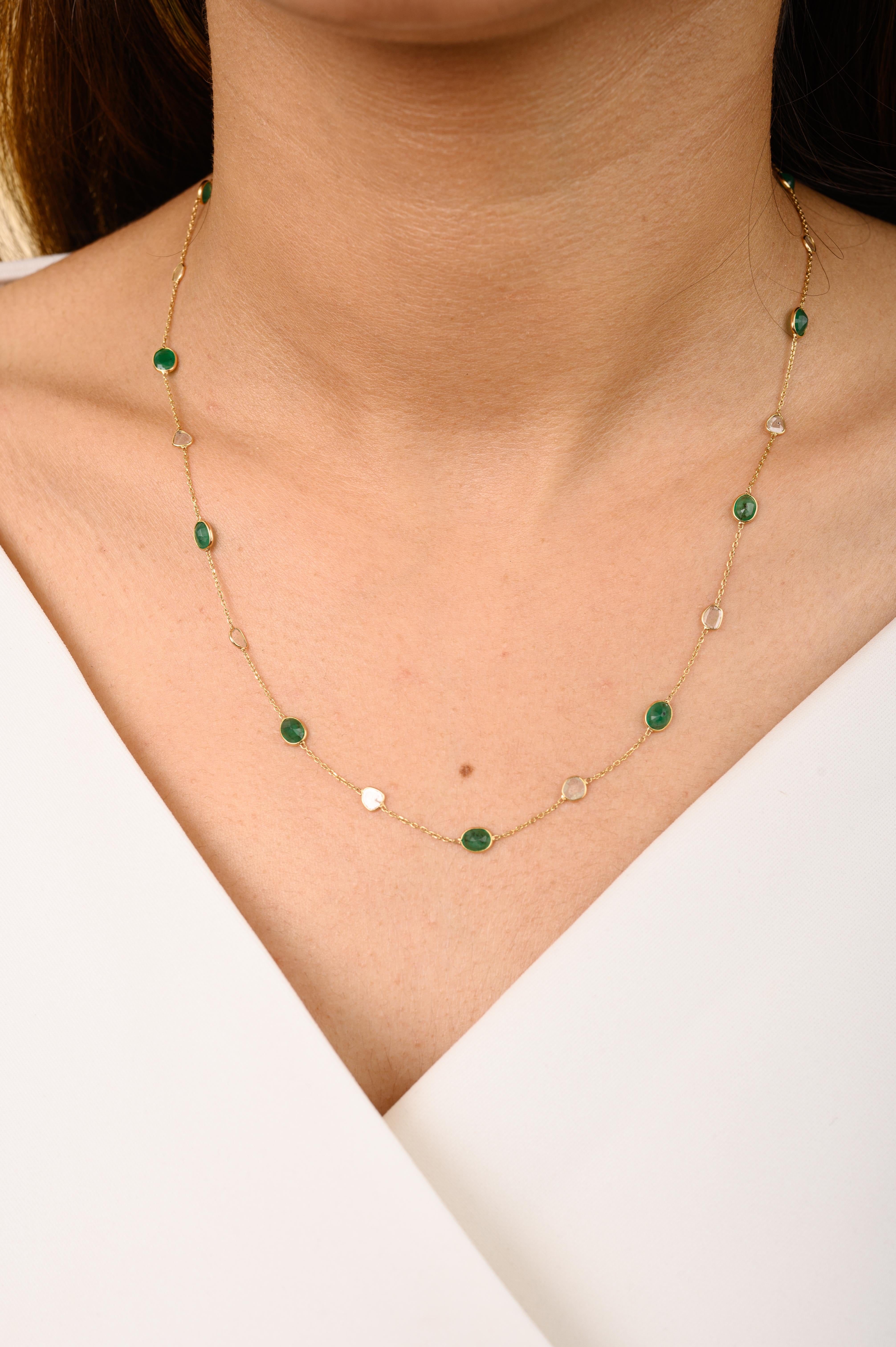 Natural Uncut Diamond and Emerald Station Necklace for Grandma in 18K Gold studded with oval cut emerald and uncut diamonds. This stunning piece of jewelry instantly elevates a casual look or dressy outfit. 
Emerald enhances the intellectual