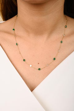 Natural Uncut Diamond Emerald Station Necklace for Grandma in 18k Yellow Gold