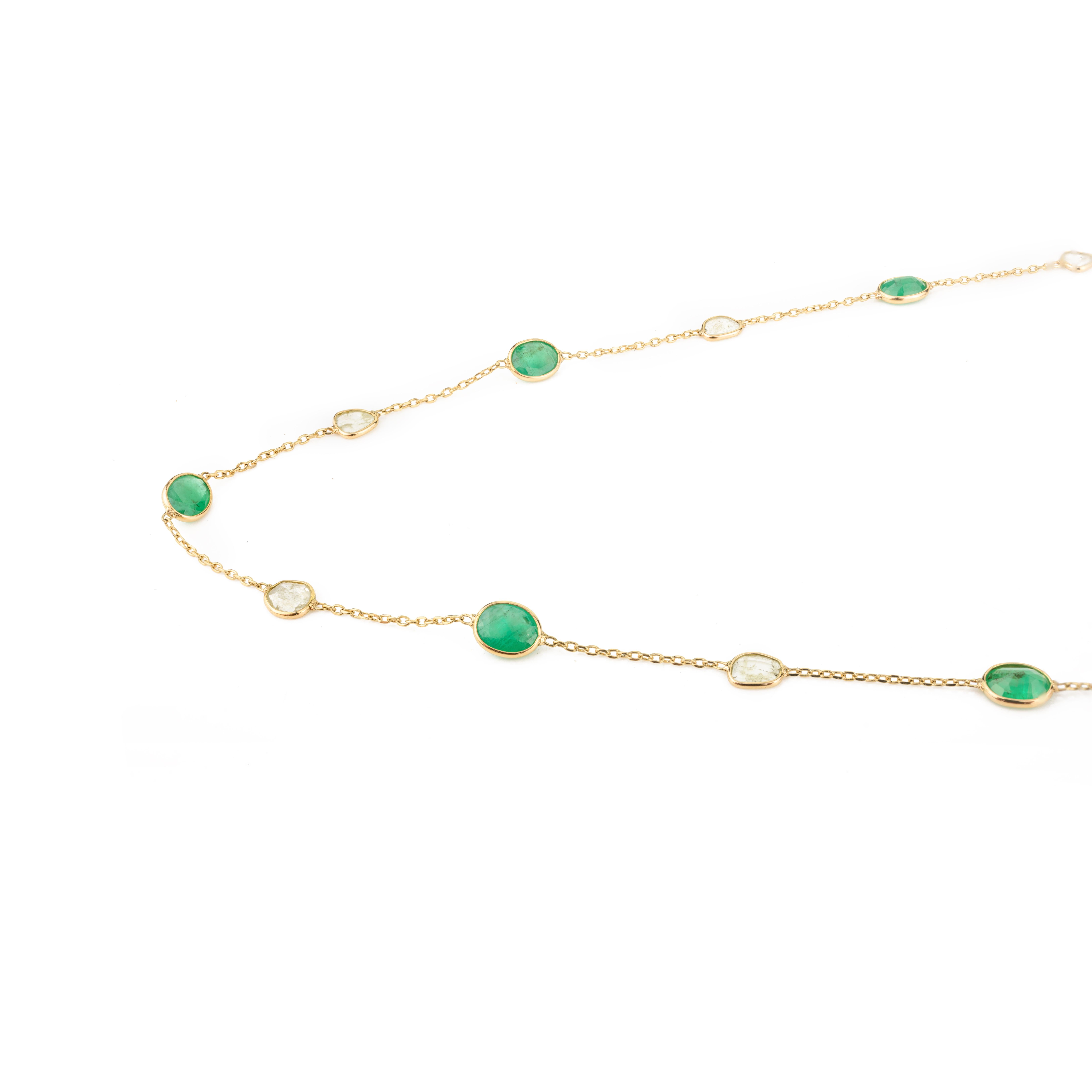 Art Deco Natural Uncut Diamond Emerald Station Necklace for Grandma in 18k Yellow Gold For Sale