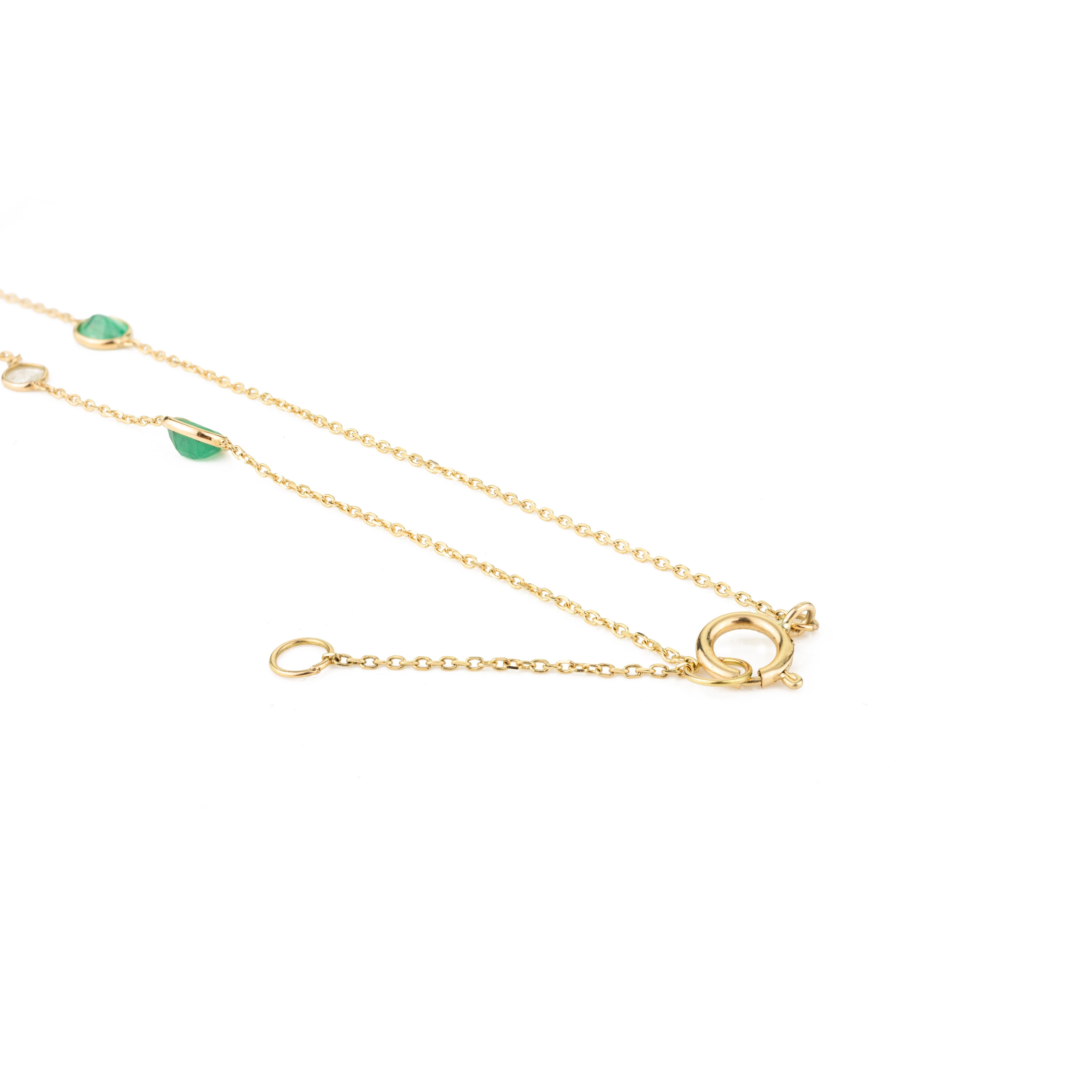 Natural Uncut Diamond Emerald Station Necklace for Grandma in 18k Yellow Gold In New Condition For Sale In Houston, TX