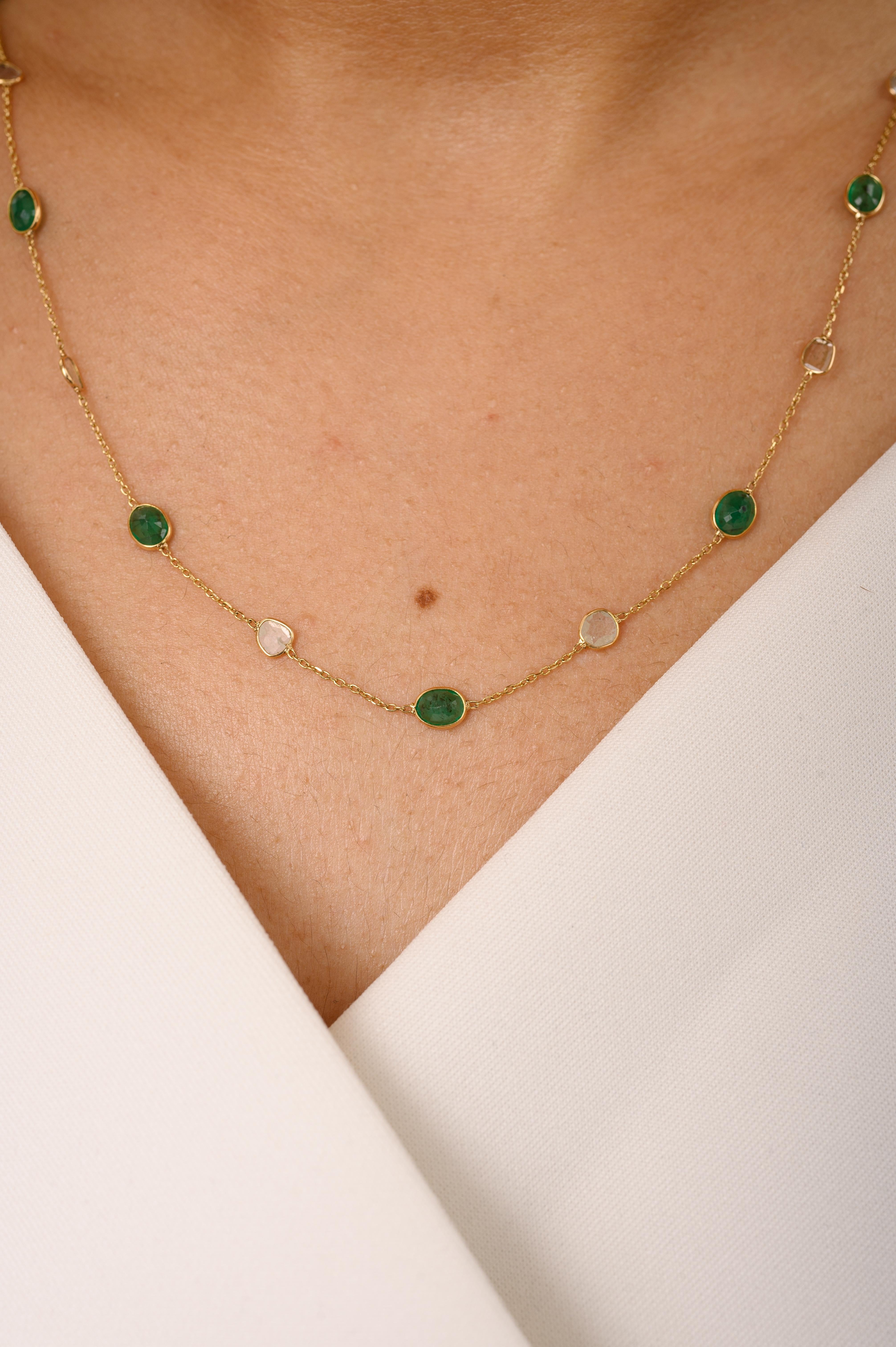 Women's Natural Uncut Diamond Emerald Station Necklace for Grandma in 18k Yellow Gold For Sale