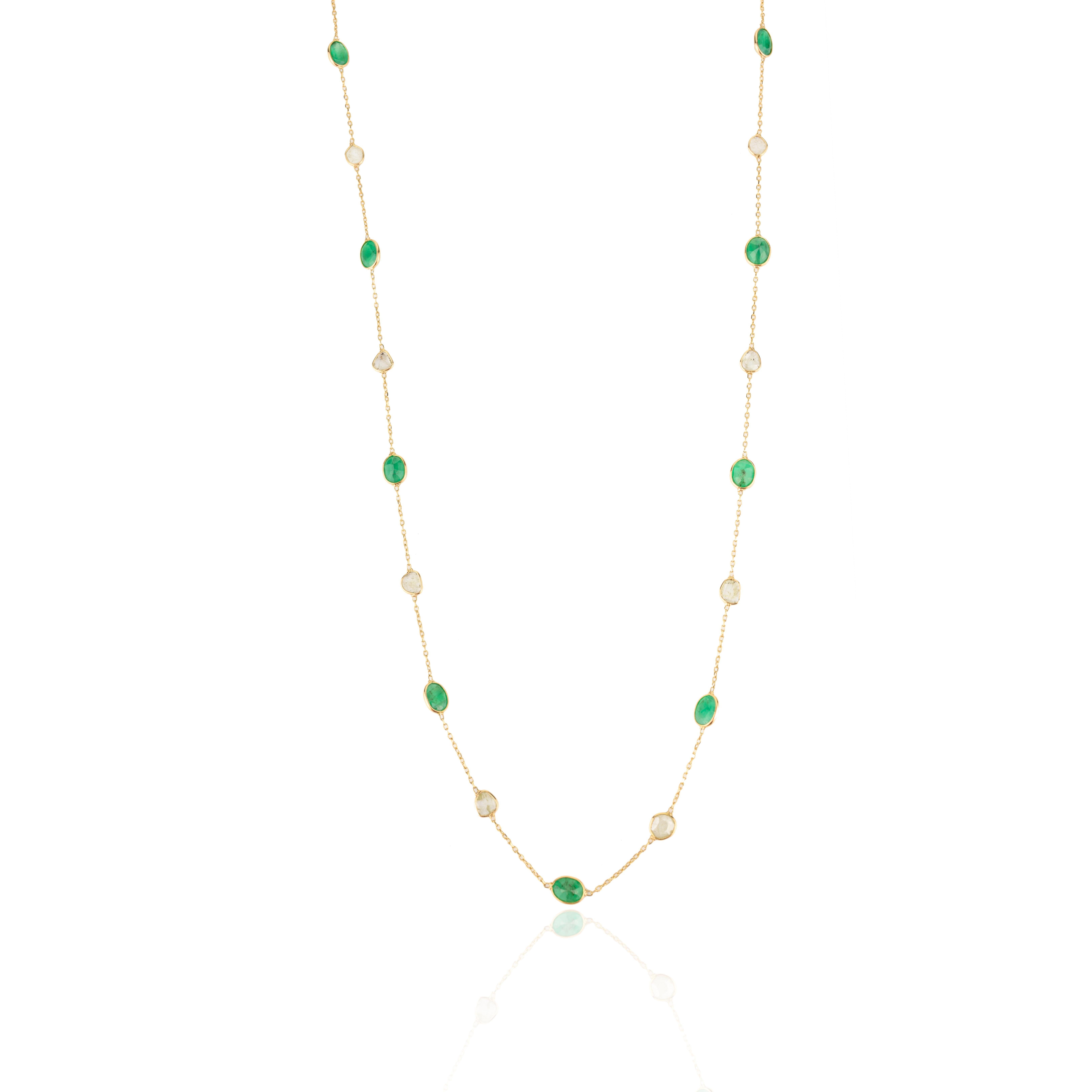 Natural Uncut Diamond Emerald Station Necklace for Grandma in 18k Yellow Gold For Sale 1