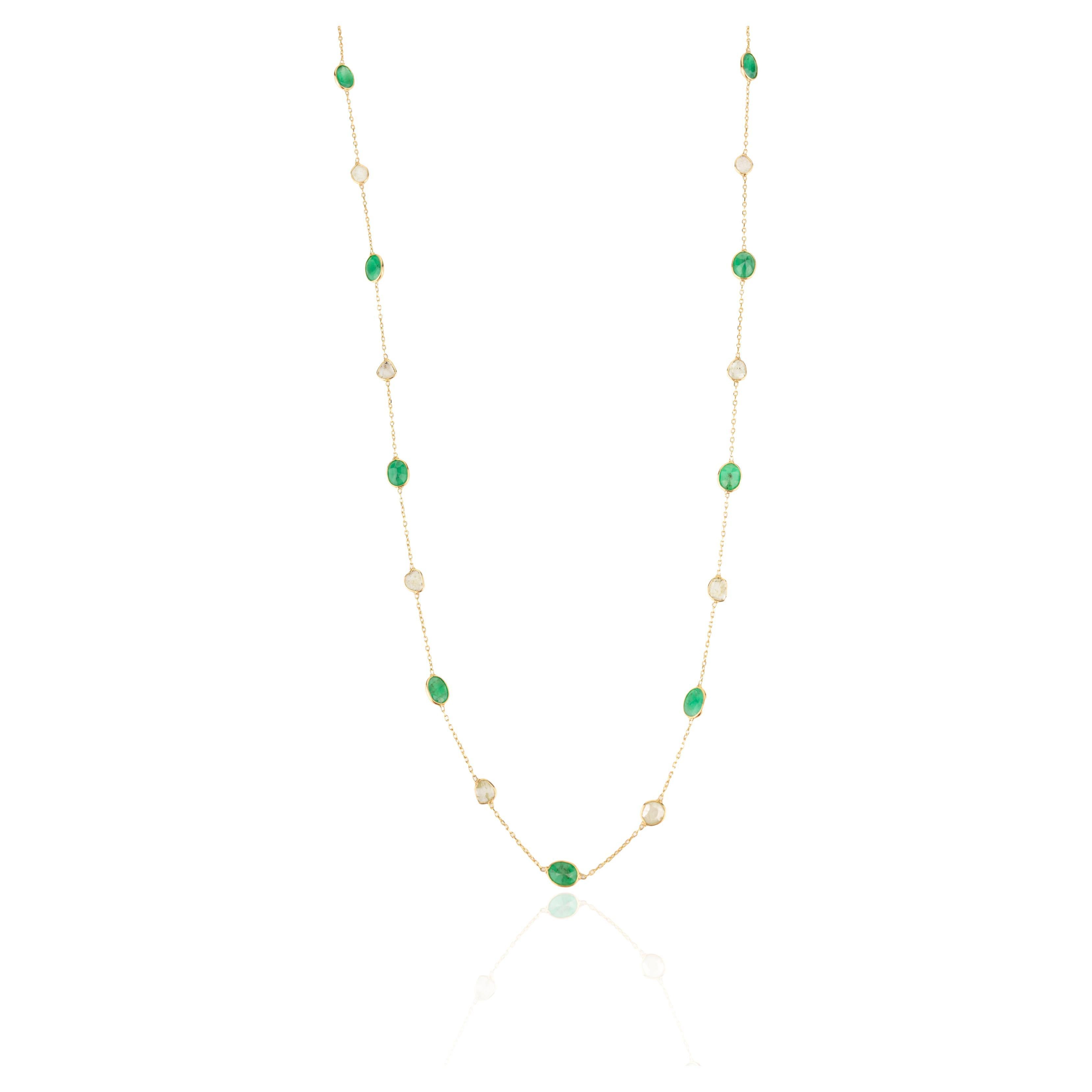 Natural Uncut Diamond Emerald Station Necklace for Grandma in 18k Yellow Gold For Sale