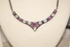 Natural uncut Diamond Ruby oxidized Sterling silver tribal look necklace