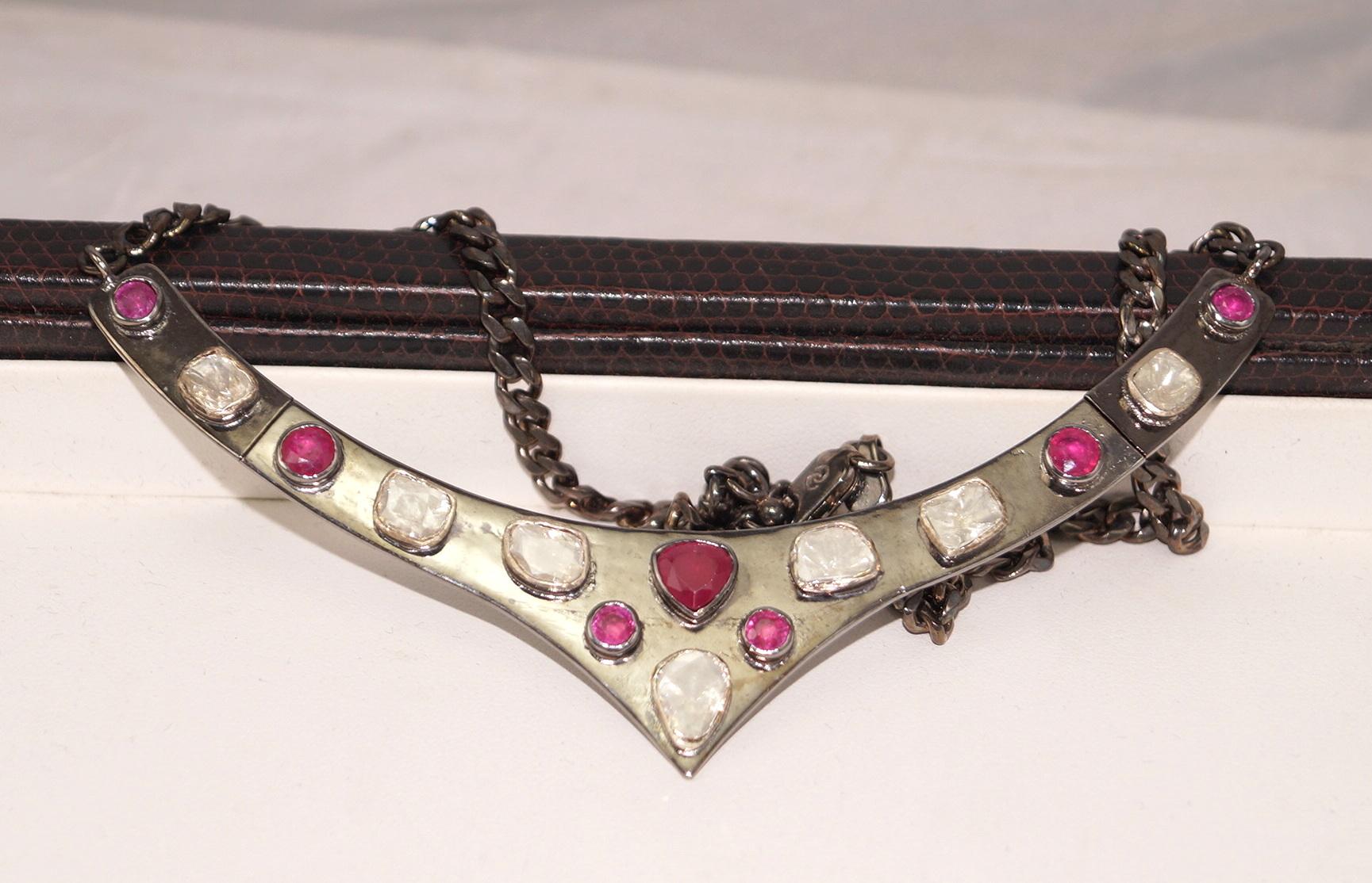 Uncut Natural uncut Diamond Ruby oxidized Sterling silver tribal look necklace For Sale