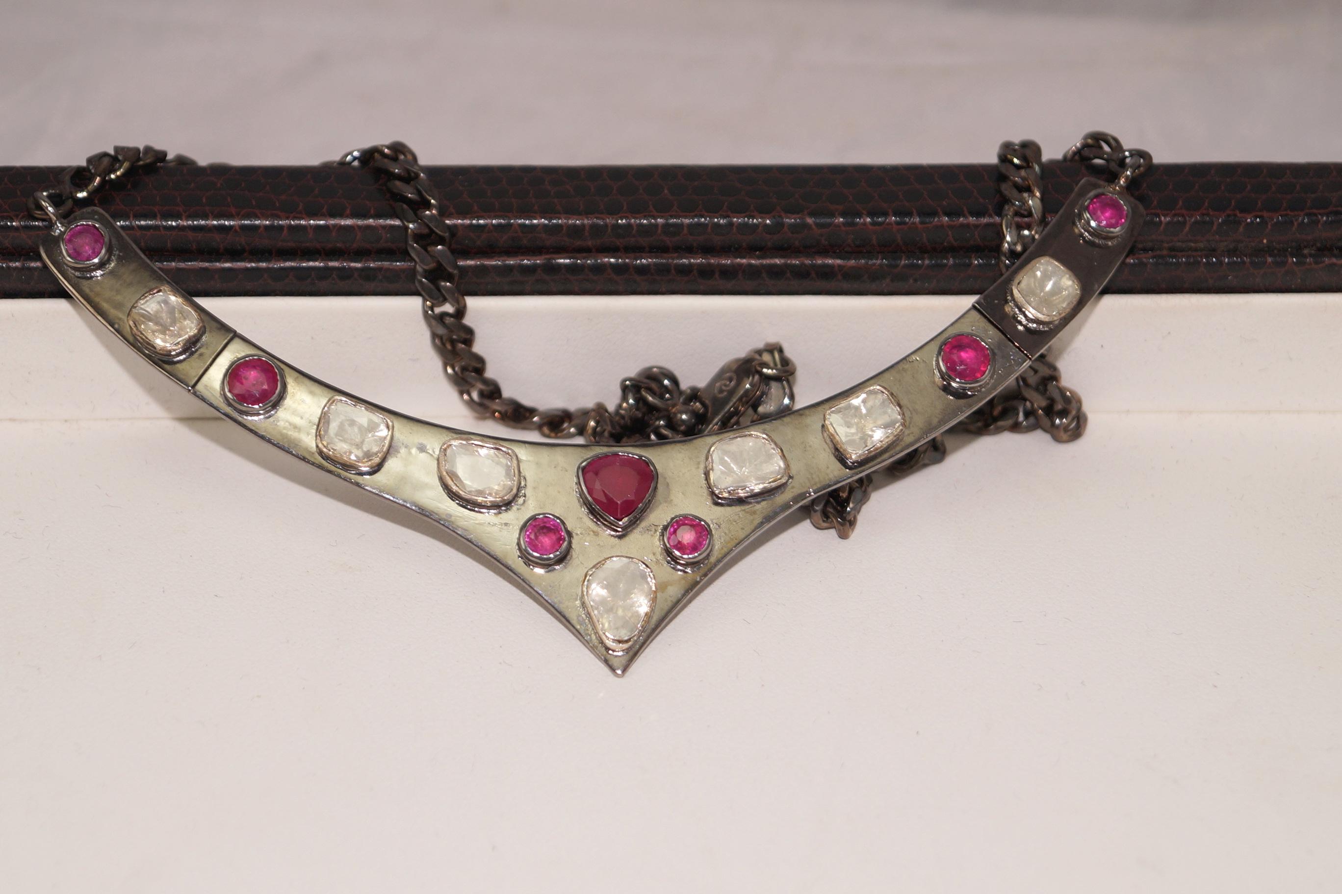 Natural uncut Diamond Ruby oxidized Sterling silver tribal look necklace In New Condition For Sale In Delhi, DL