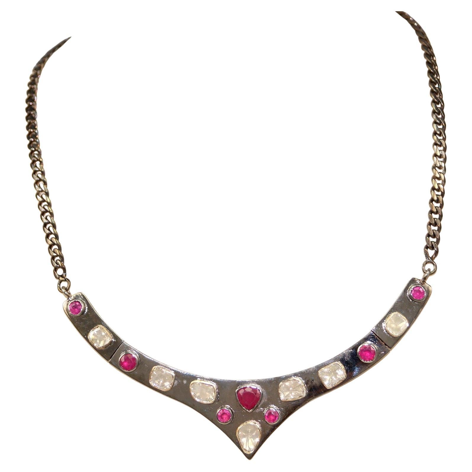 Natural uncut Diamond Ruby oxidized Sterling silver tribal look necklace For Sale