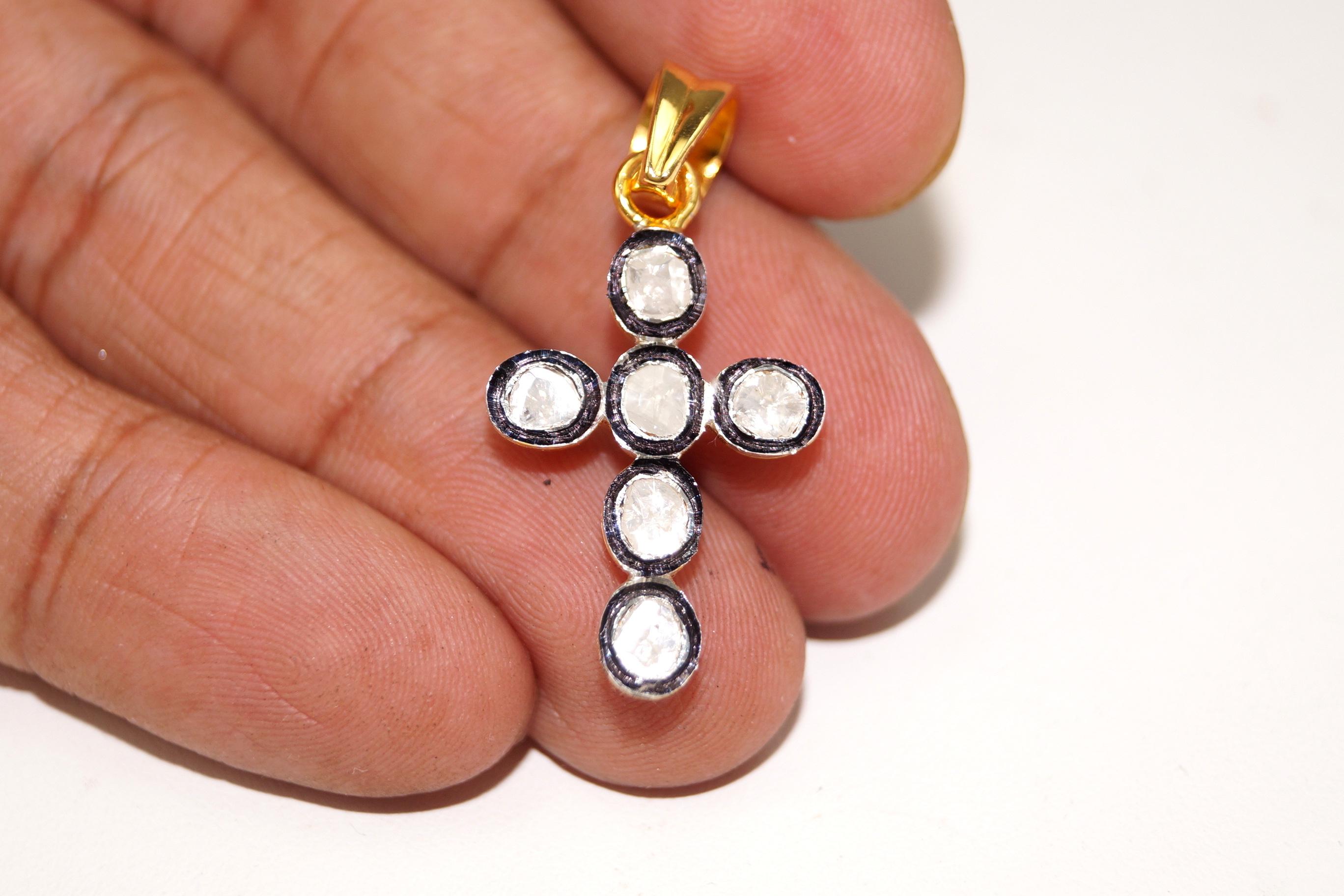 Natural Uncut diamond sterling silver cross pendant 18k gold plated For Sale 2
