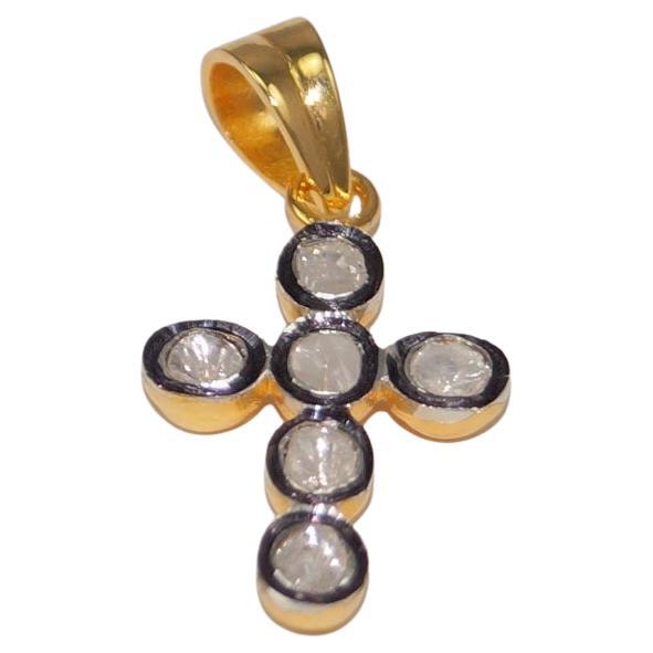 Pendentif croix en argent sterling plaqué or 18 carats avec diamants naturels non taillés