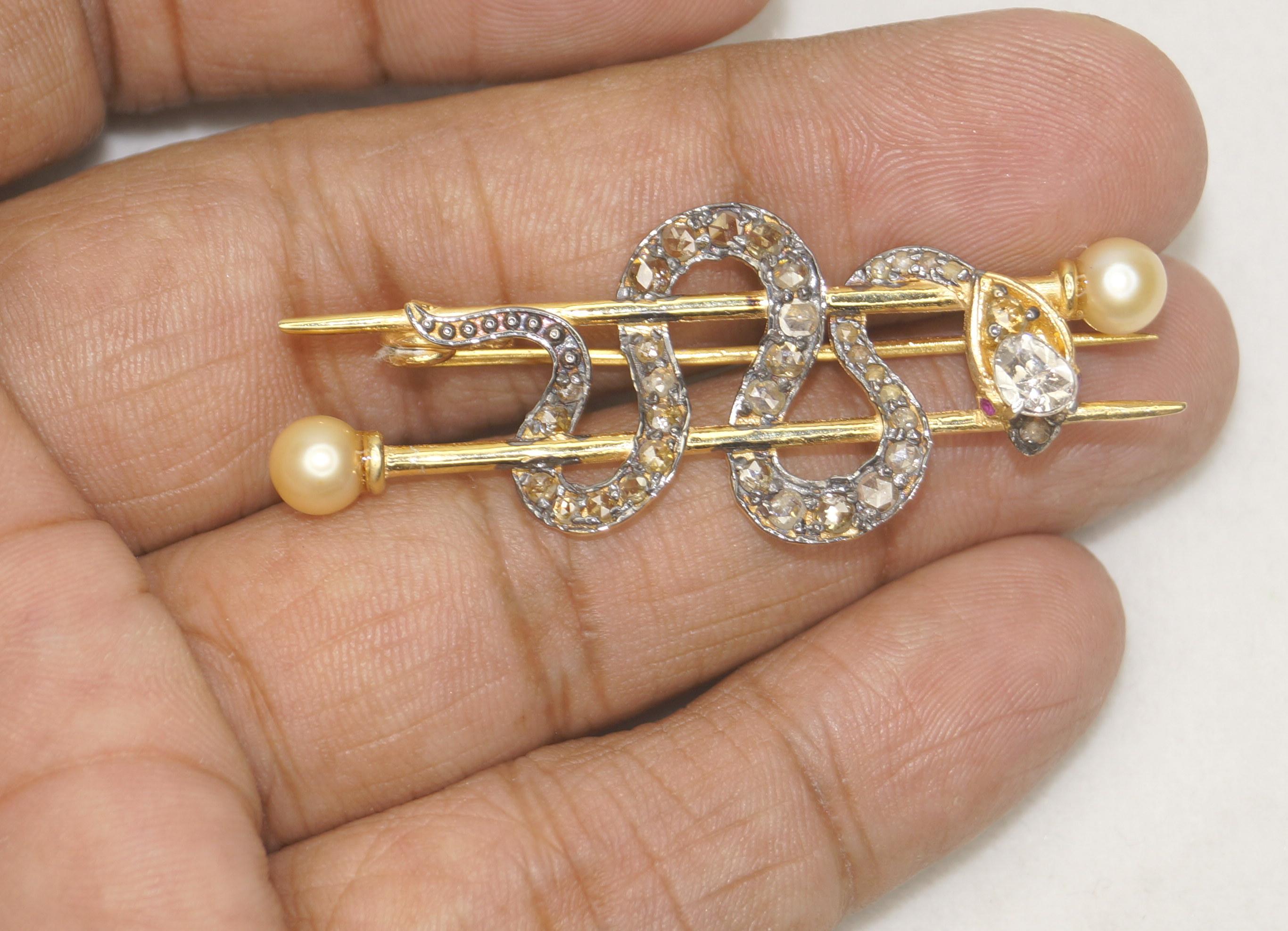 Natural uncut diamond sterling silver snake diamond on its head ruby eye brooch For Sale 6