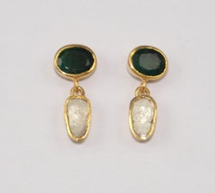 Natural uncut diamonds emerald sterling silver gold plated drop earrings