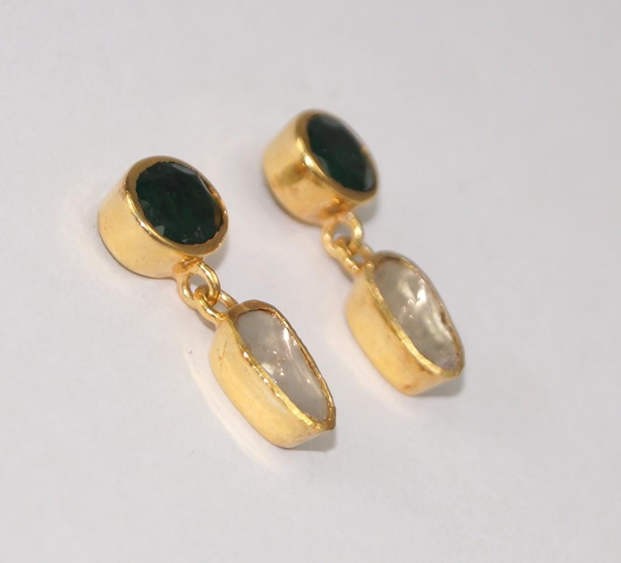 Edwardian Natural uncut diamonds emerald sterling silver gold plated drop earrings For Sale