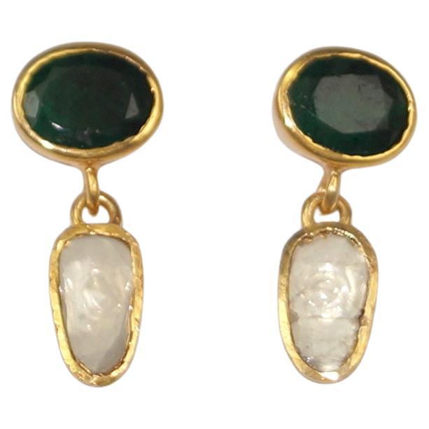 Natural uncut diamonds emerald sterling silver gold plated drop earrings