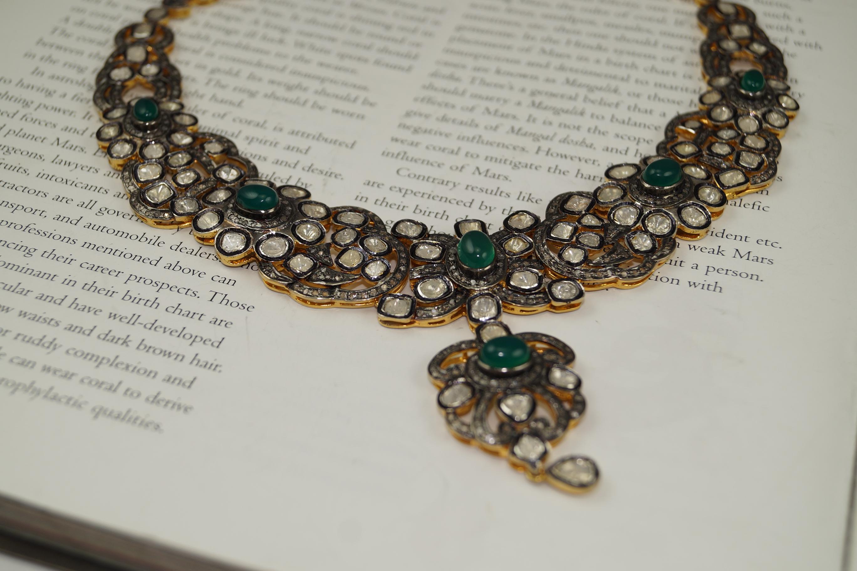 Natürliche ungeschliffene Diamanten grüner Onyx Sterling Silber Halskette mit Ohrringen im Angebot 9