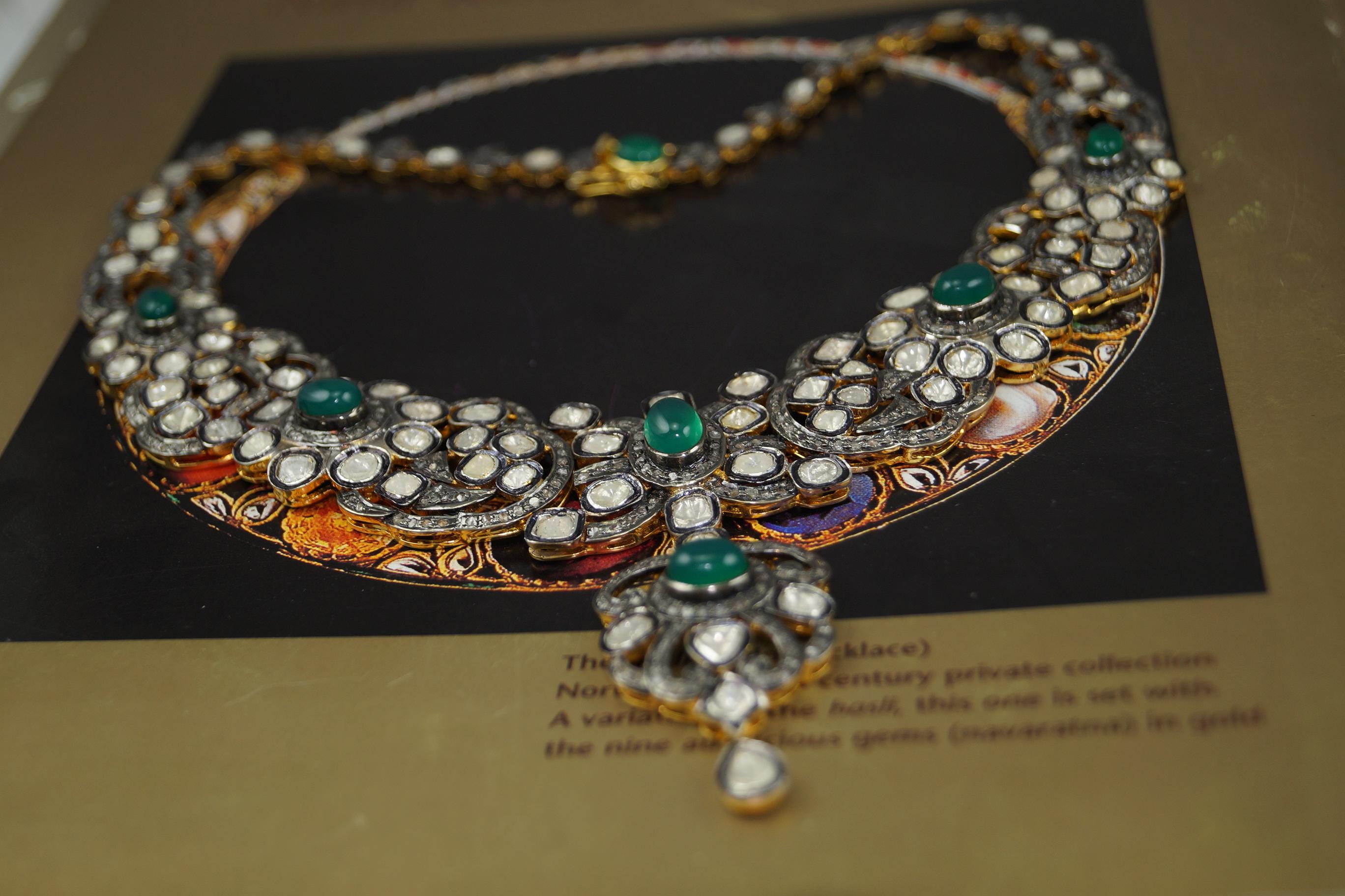 Natürliche ungeschliffene Diamanten grüner Onyx Sterling Silber Halskette mit Ohrringen im Angebot 2