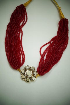 Natural uncut polki diamond choker sterling silver necklace with ruby extension