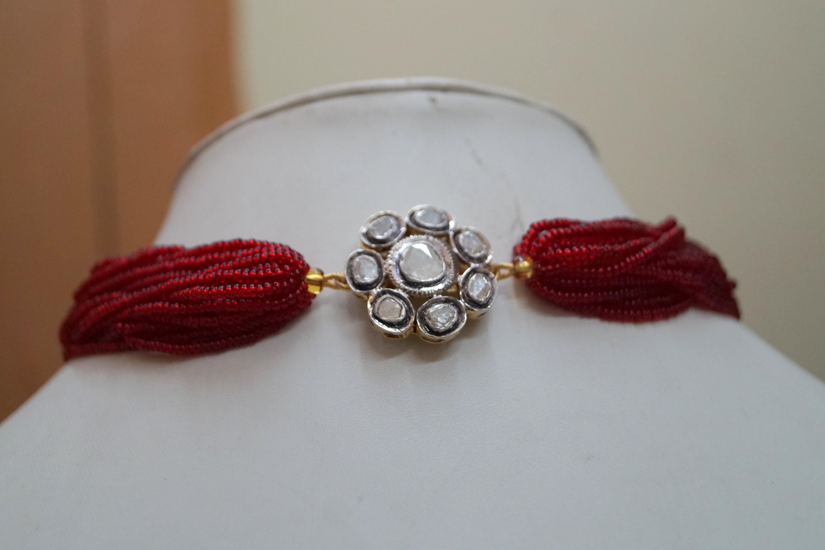 Anglo-Indian Natural uncut polki diamond choker sterling silver necklace with ruby extension For Sale