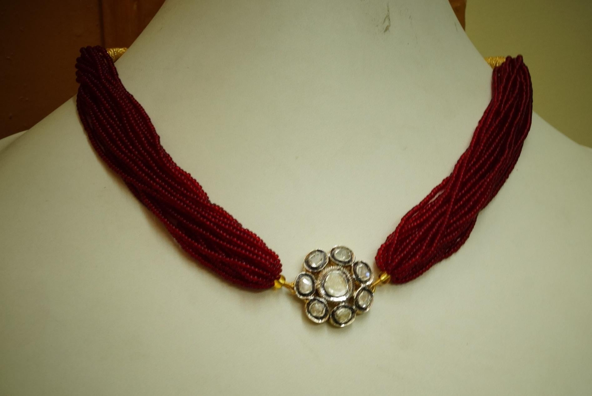 Uncut Natural uncut polki diamond choker sterling silver necklace with ruby extension For Sale
