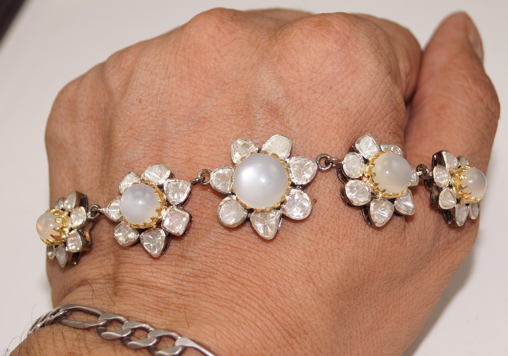 Natural Uncut polki Diamond moonstone Sterling silver necklace with earrings For Sale 1