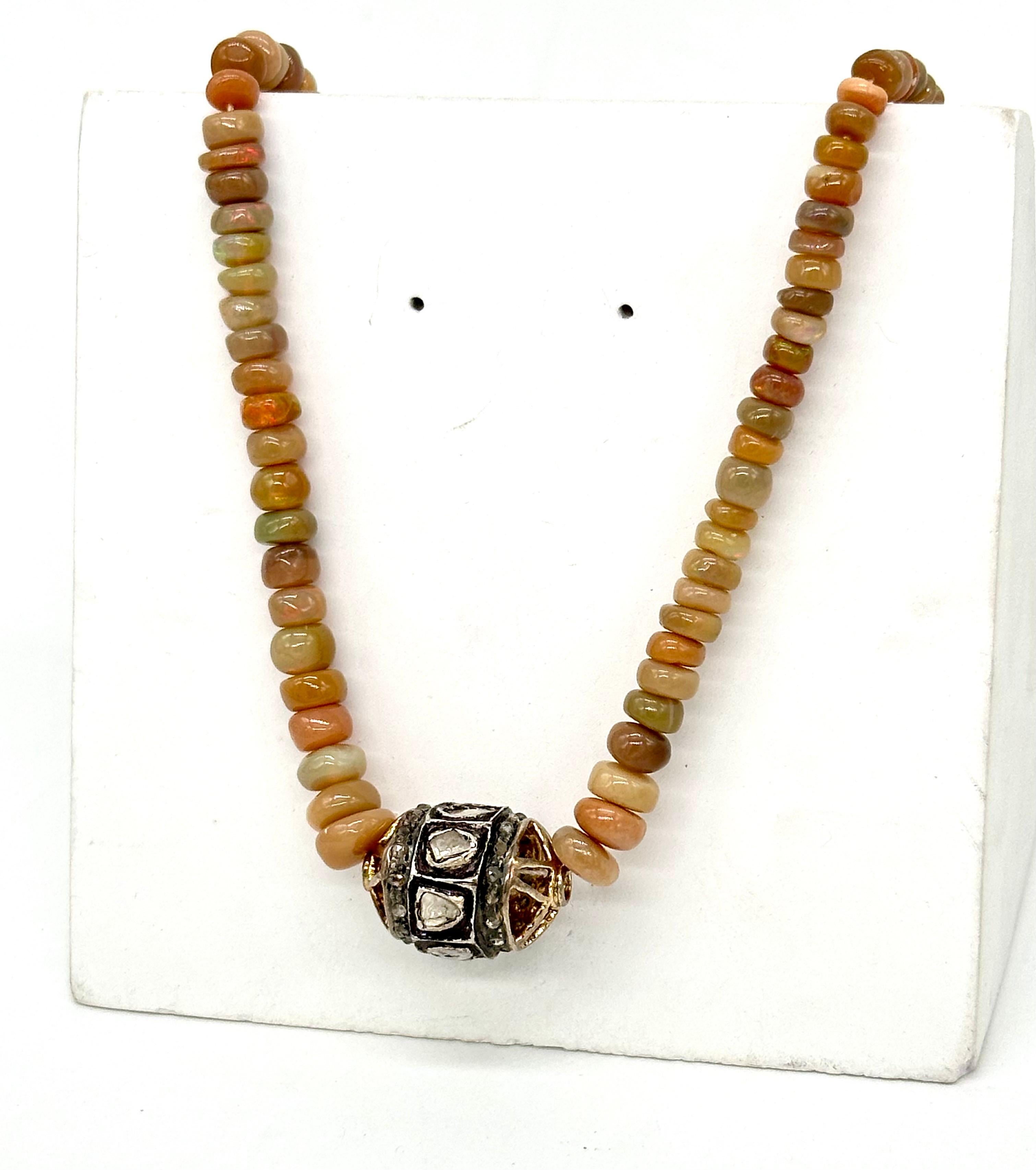 Artist Natural uncut rose cut diamond bead orange opal sterling silver necklace For Sale