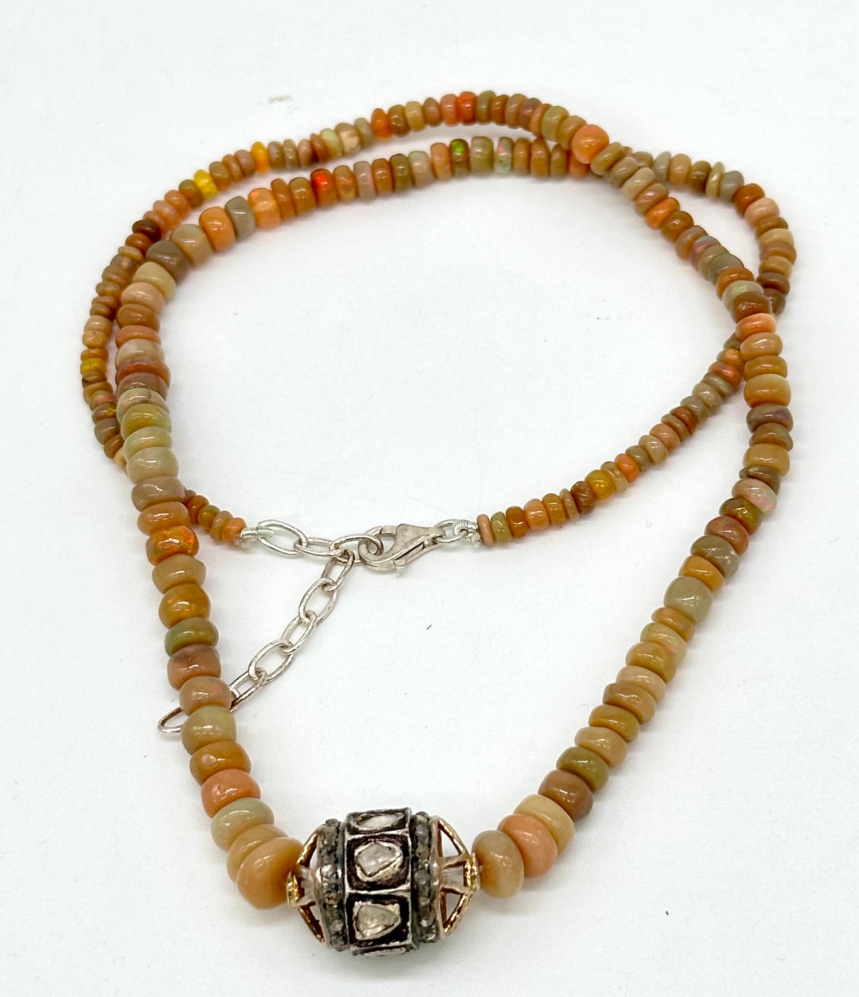 Natural uncut rose cut diamond bead orange opal sterling silver necklace For Sale 2