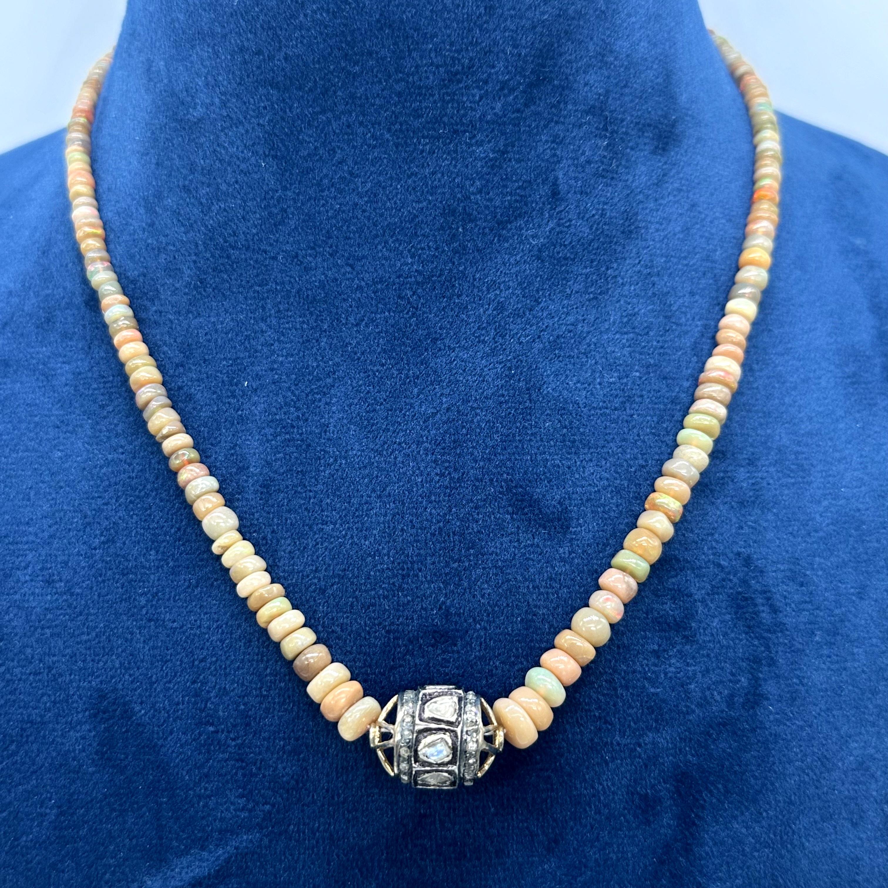 Natural uncut rose cut diamond bead orange opal sterling silver necklace For Sale 3