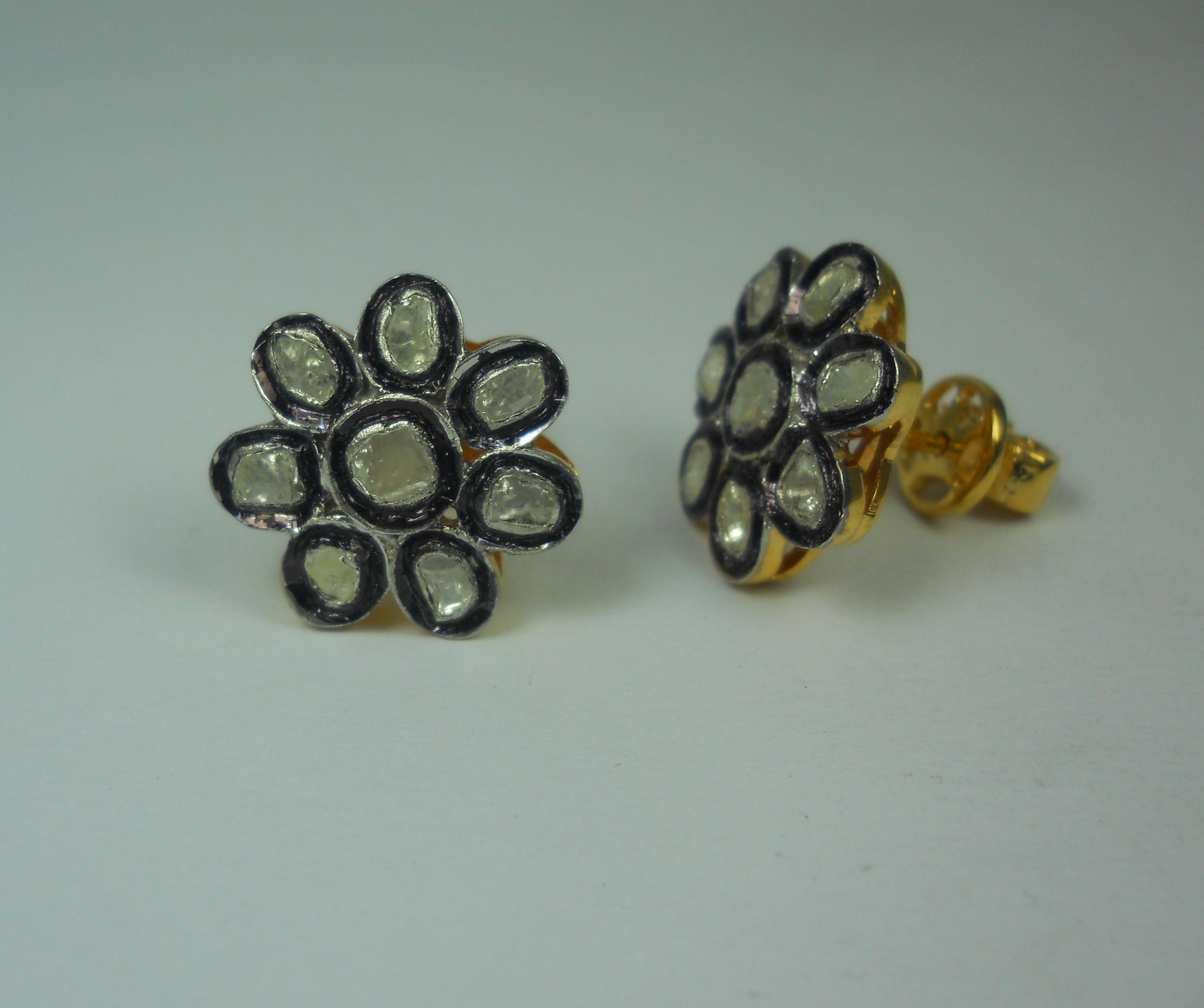 Rose Cut Natural uncut rose cut Diamond sterling silver floral round Earrings For Sale