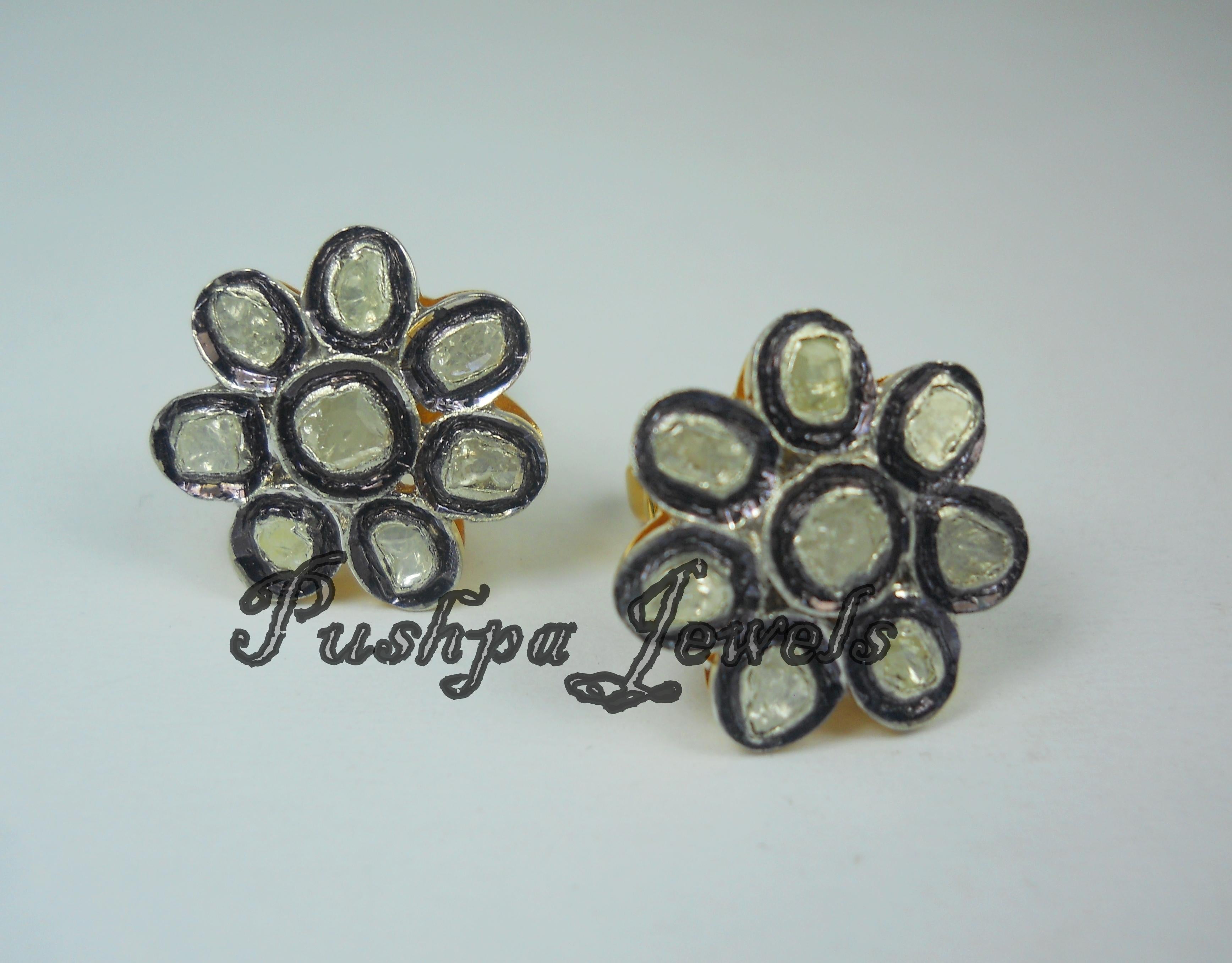 Women's Natural uncut rose cut Diamond sterling silver floral round Earrings For Sale