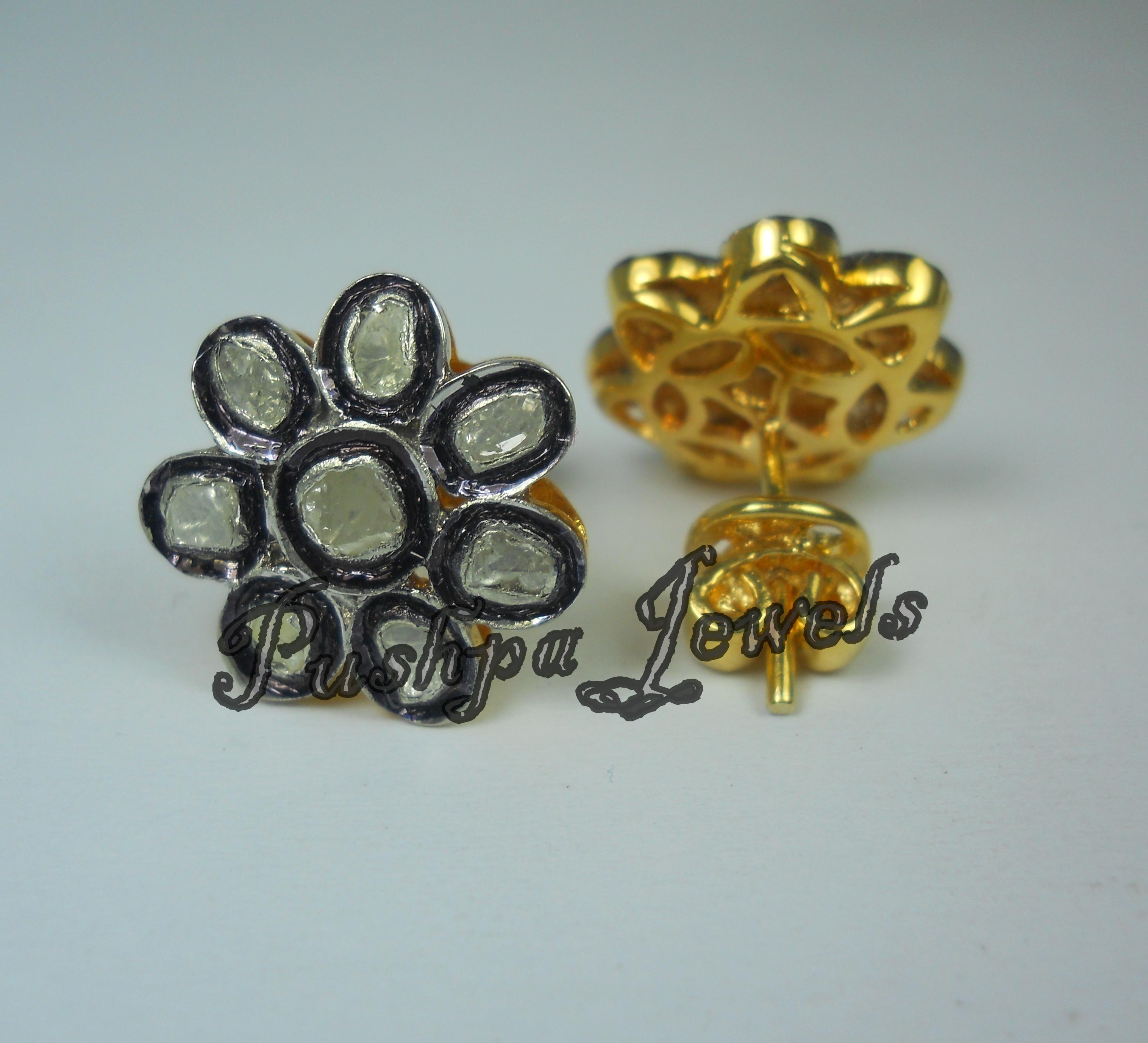 Natural uncut rose cut Diamond sterling silver floral round Earrings For Sale 1