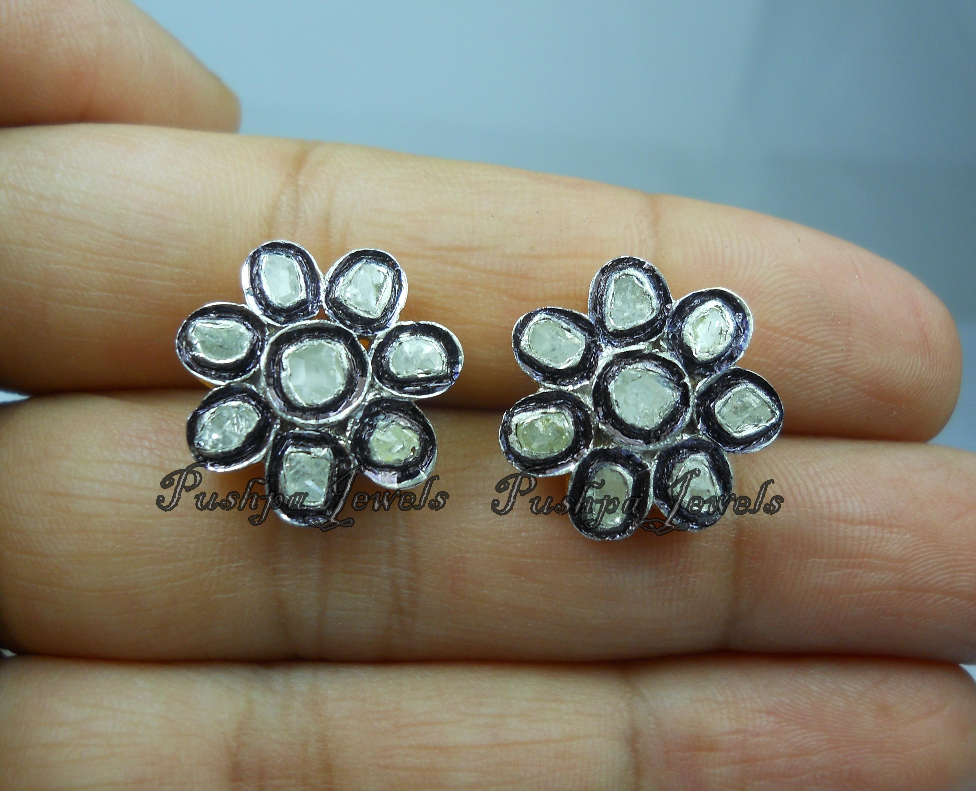 Natural uncut rose cut Diamond sterling silver floral round Earrings For Sale 2