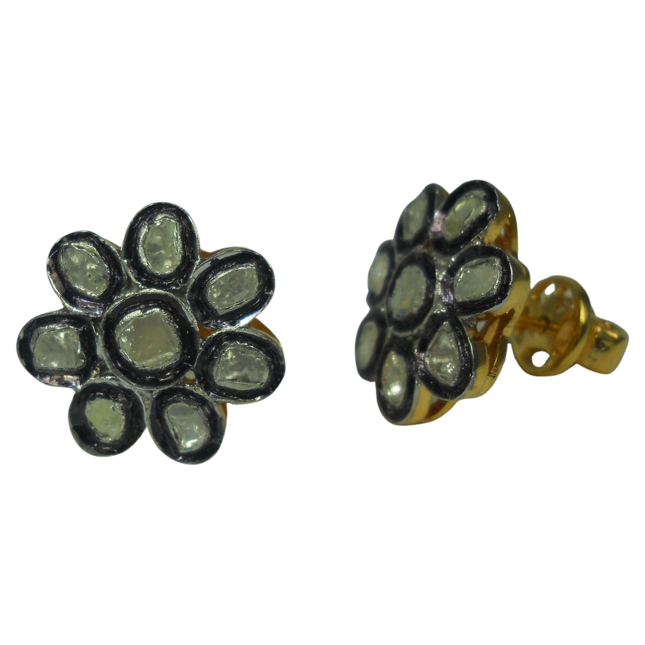 Natural uncut rose cut Diamond sterling silver floral round Earrings For Sale