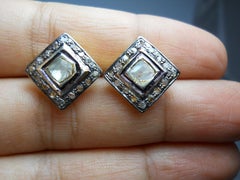 Natural uncut rose cut Diamond sterling silver square Earrings