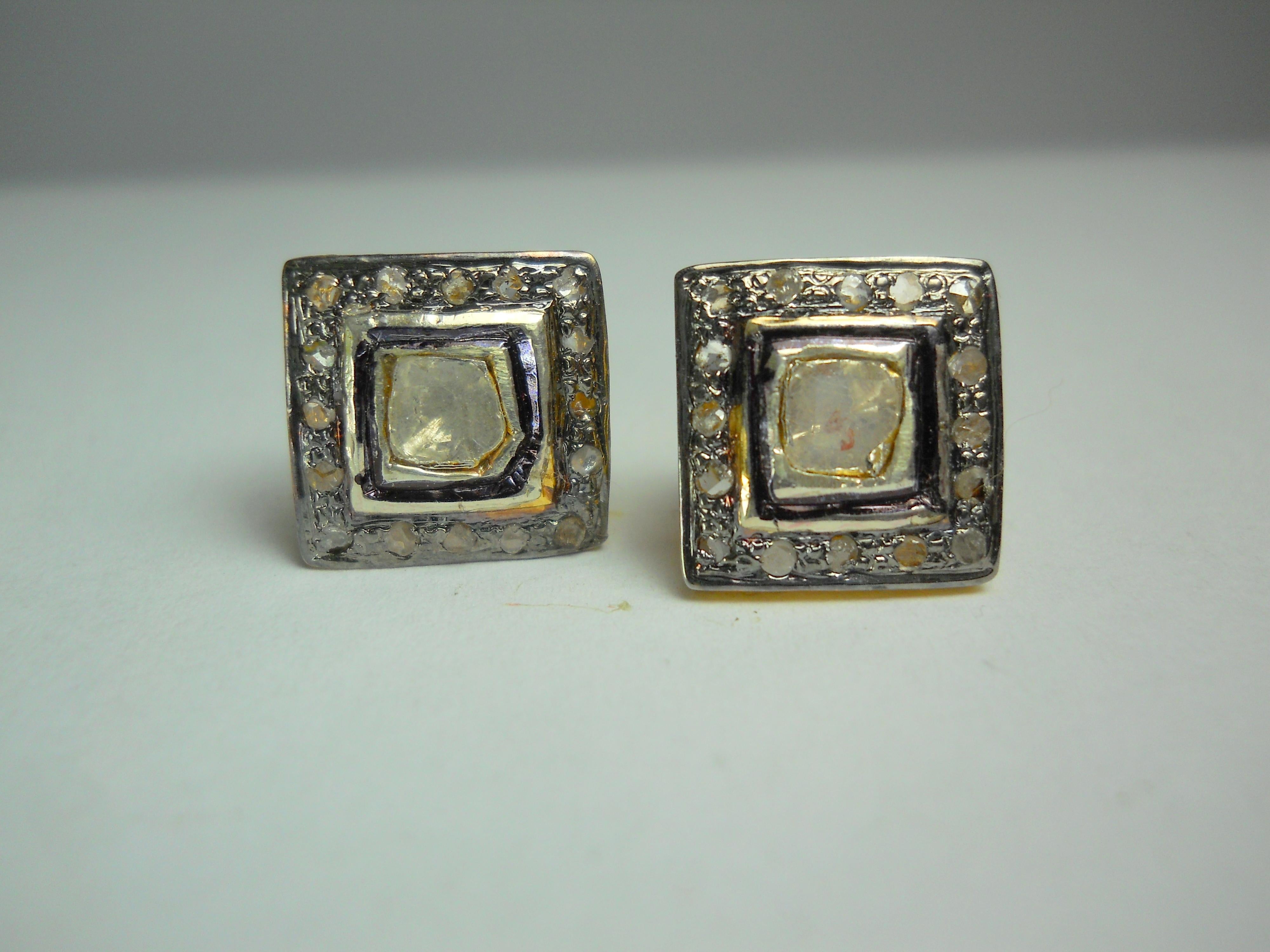 Boucles d'oreilles carrées en argent sterling avec diamant naturel taillé en rose Neuf - En vente à Delhi, DL