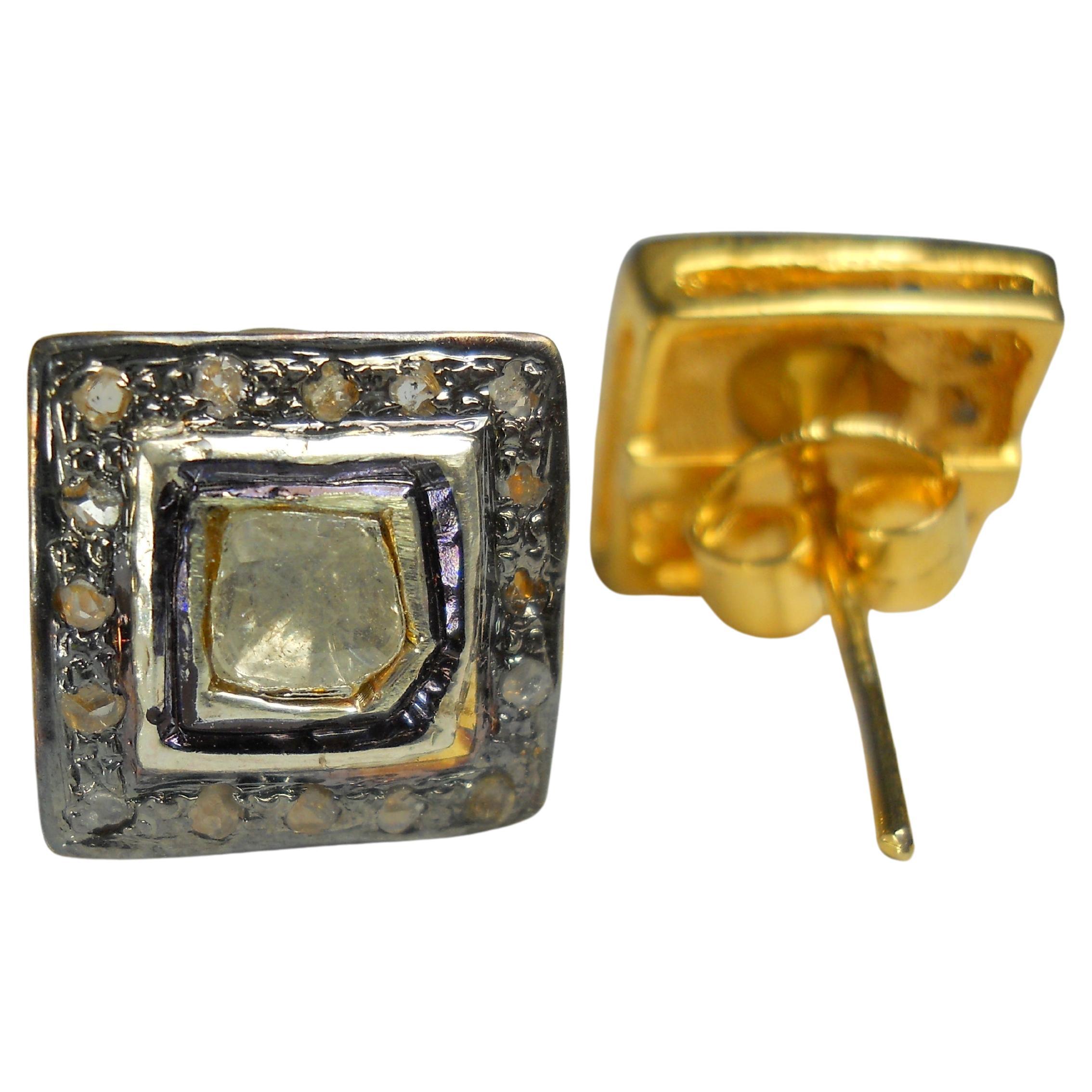Natural uncut rose cut Diamond sterling silver square Earrings