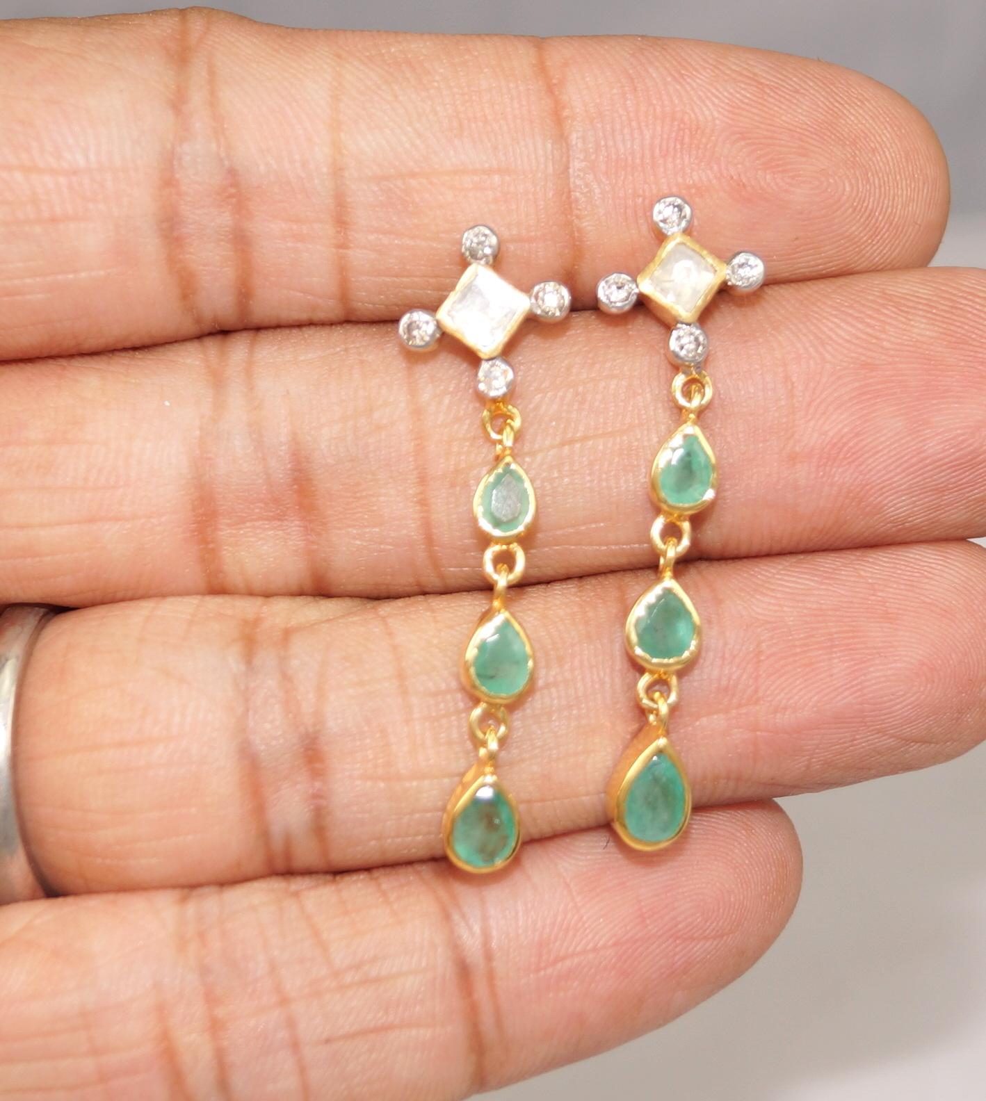 Natural uncut rose cut diamonds 3 tier emeralds 925 silver gold plated earrings For Sale 2