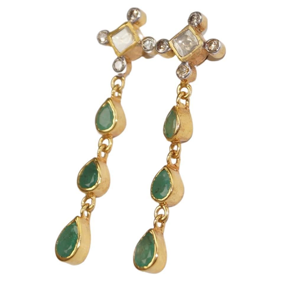 Natural uncut rose cut diamonds 3 tier emeralds 925 silver gold plated earrings For Sale
