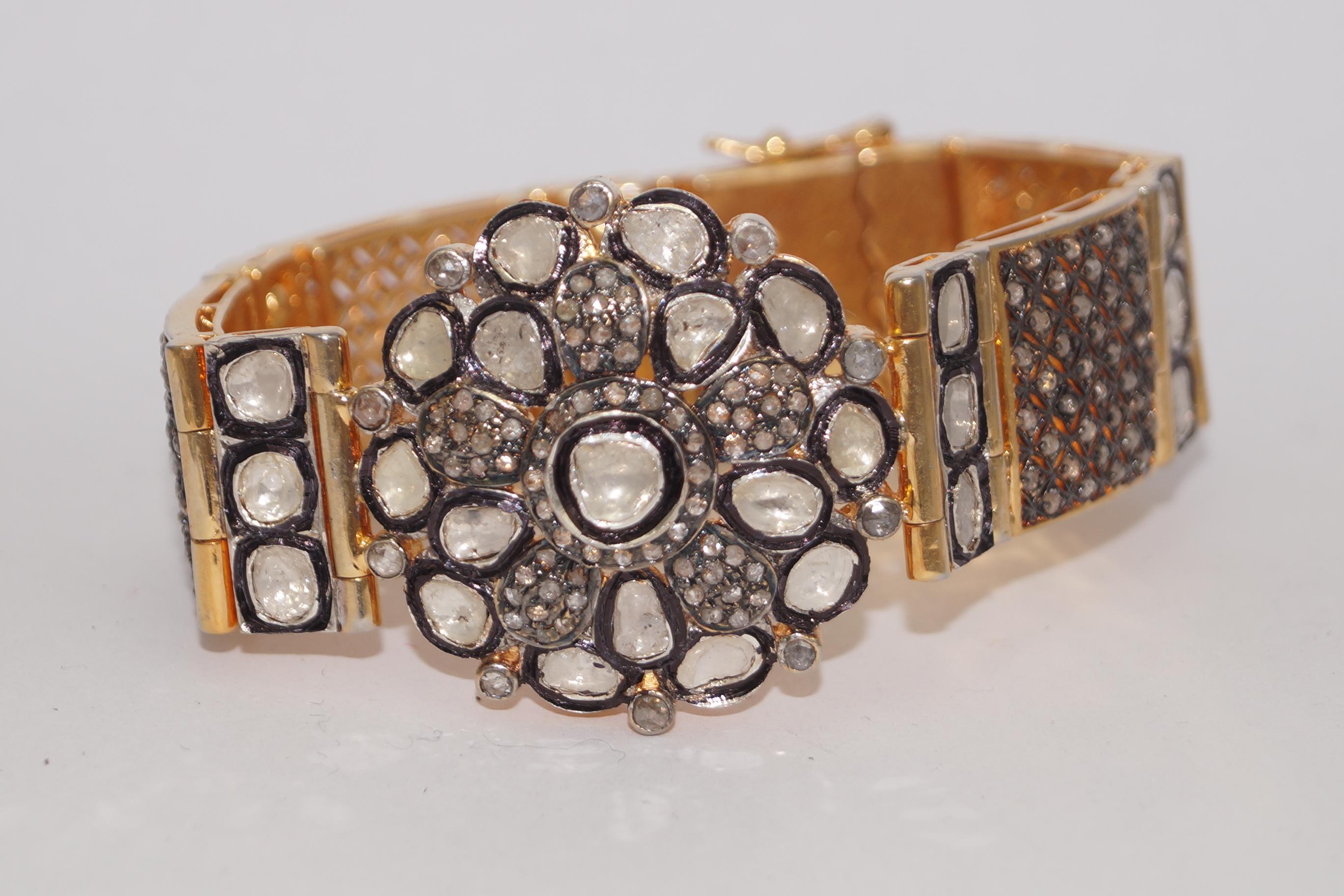 Natürliche ungeschliffene Diamanten mit Rosenschliff Sterlingsilber breites Armband Diamantarmband  (Frühviktorianisch) im Angebot