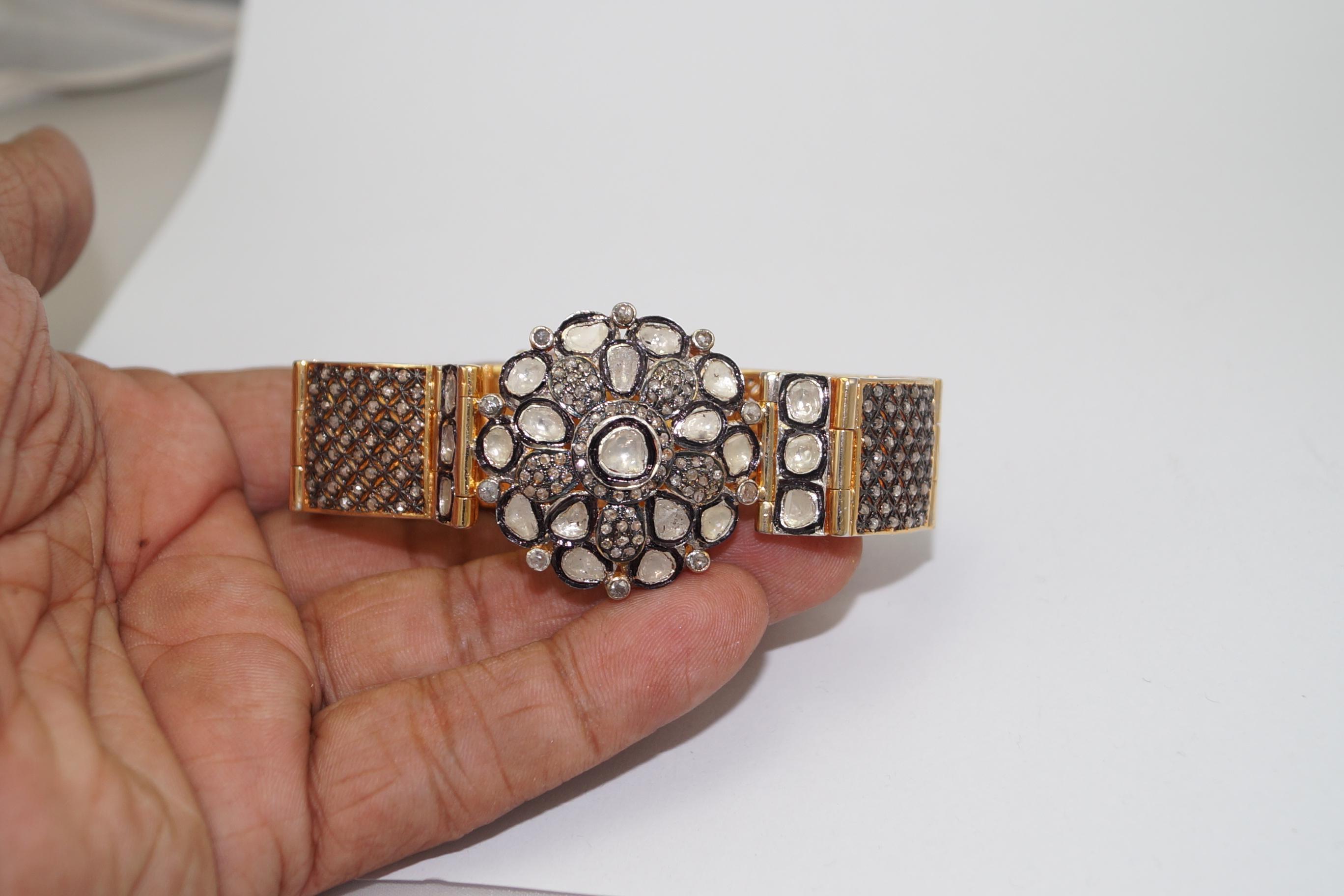 Natural uncut rose cut Diamonds sterling silver broad Bracelet Diamond Bracelet  For Sale 1